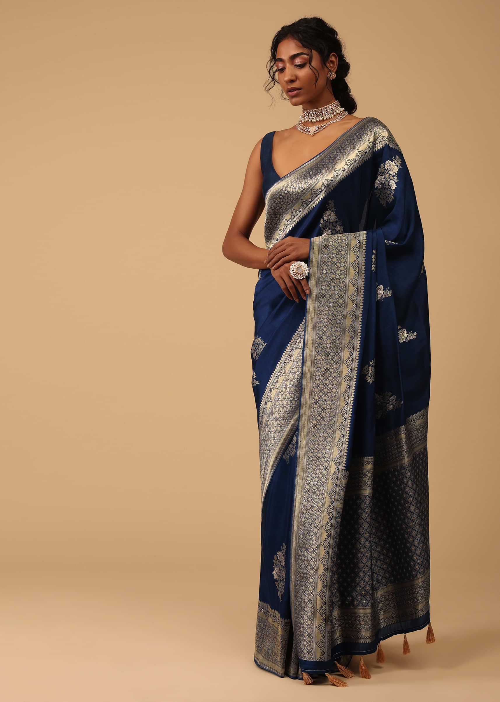Indigo Blue Saree In Dola Silk With Embroidered Floral Buttas 