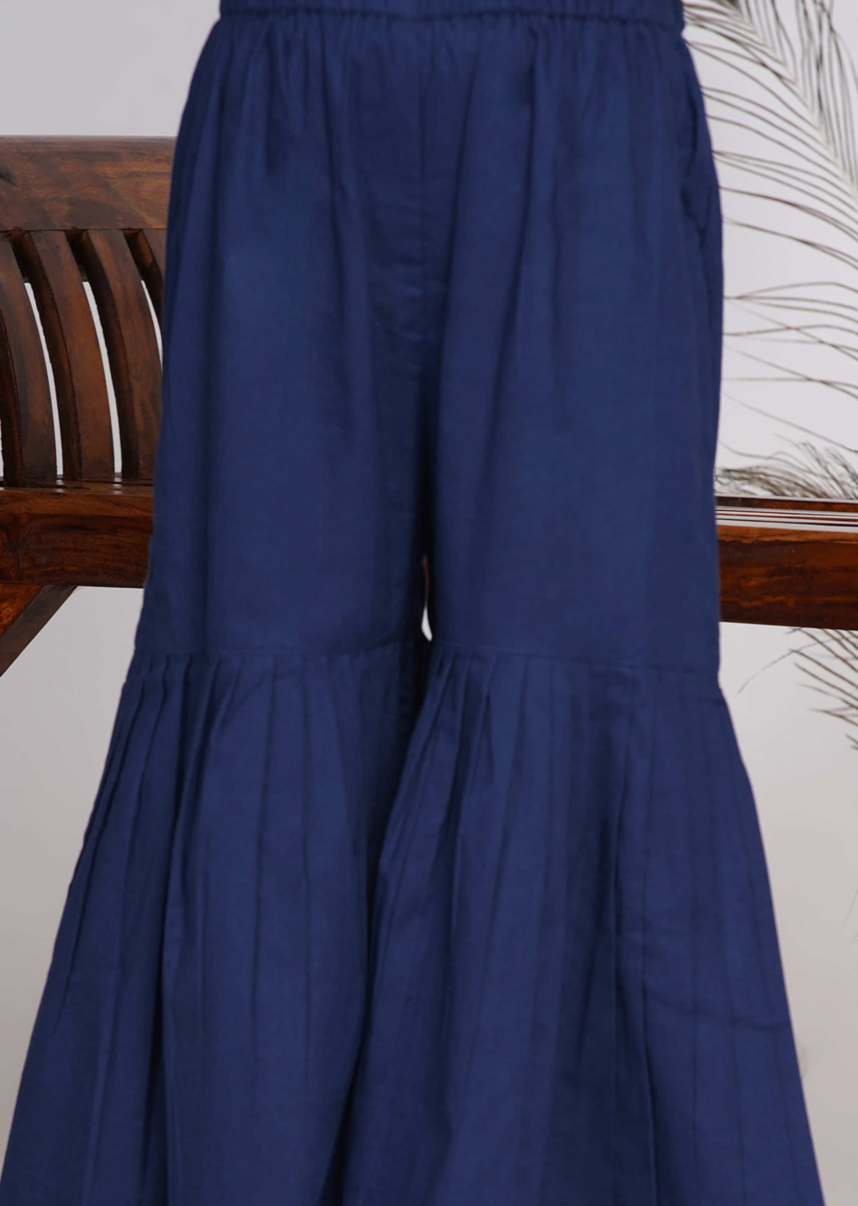 Kalki Indigo Blue Sharara Suit Set For Girls In Floral Print With Green Net Dupatta
