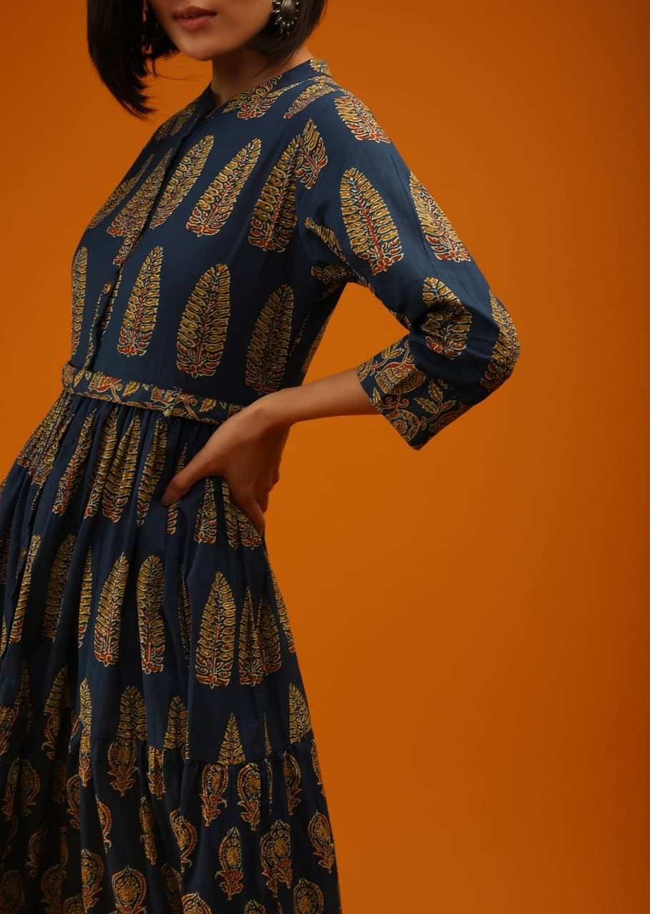 Indigo Kaftan In Cotton With Ikkat Jaal Print And Mirror Embroidered Yoke Online - Re By Kalki