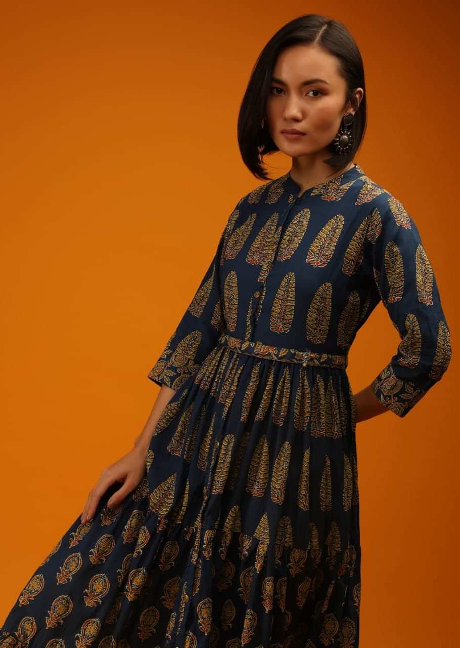 Indigo Kaftan In Cotton With Ikkat Jaal Print And Mirror Embroidered Yoke Online - Re By Kalki