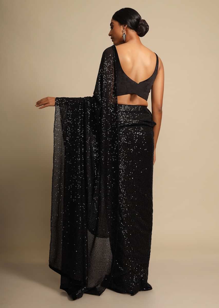 Ink Black Saree Embellished In Sequins With Ready Stitched Pleats
