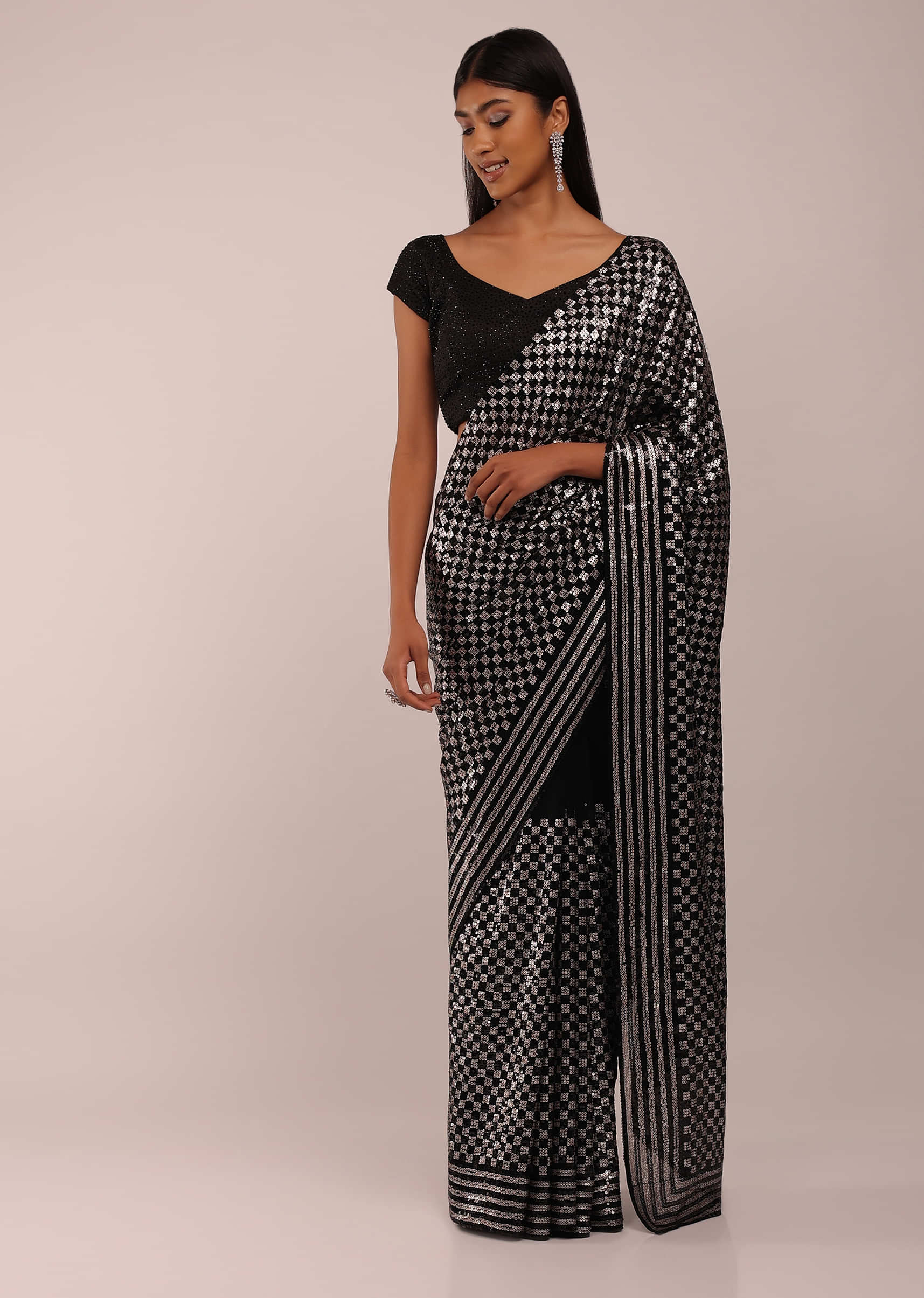 Ink Black Chiffon Saree In Blue And Black Sequins Embroidery In Geometrical Motifs In A ChecksJaal