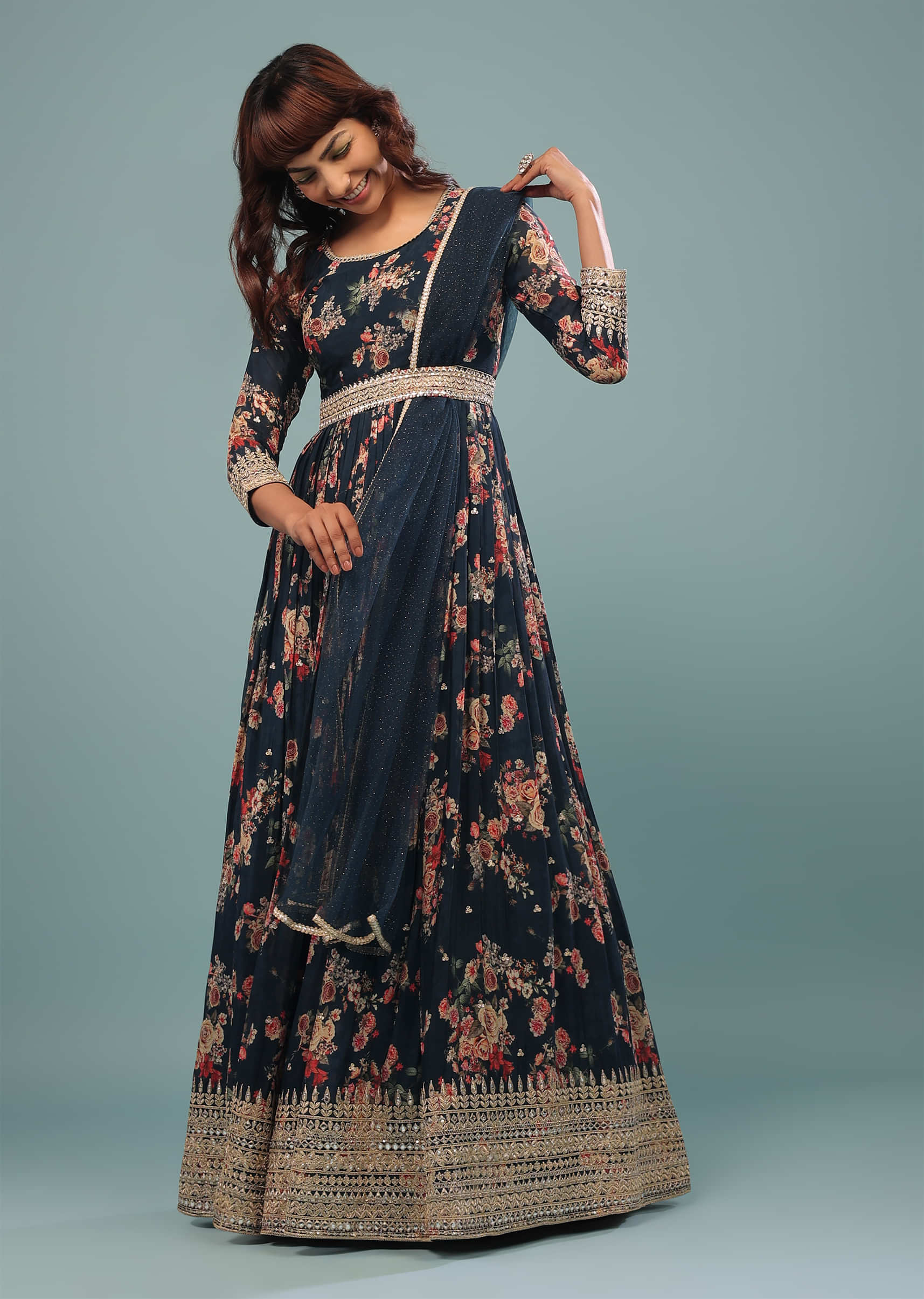 Persian Blue Embroidered Anarkali Suit With Vintage Floral Print In Georgette