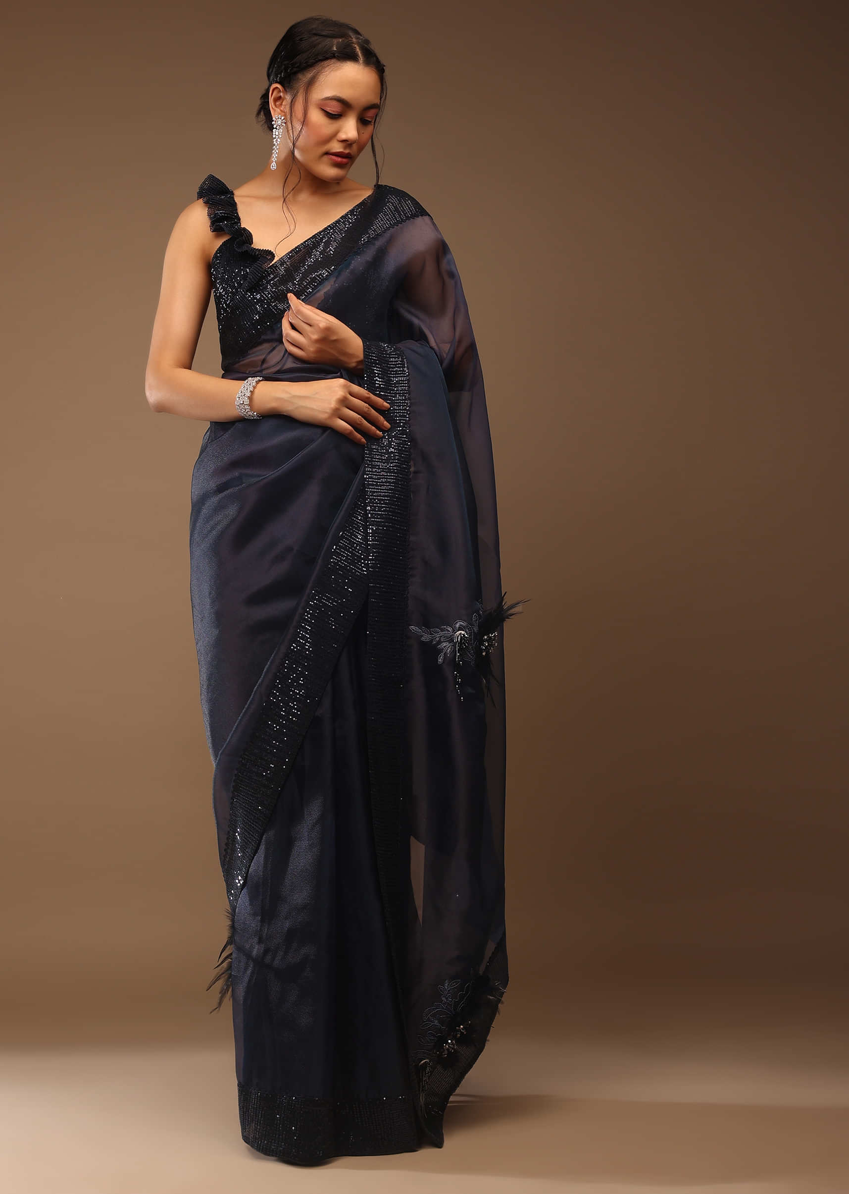 Insignia Blue Saree With A Sleeveless Ruffled Crop Top In Sequins Embroidery