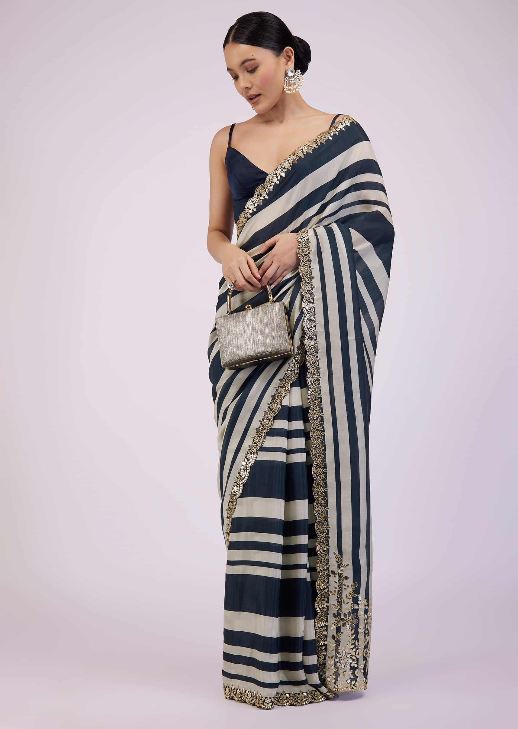 Insignia Blue Saree In Organza With Bandhani Print And Embroidery