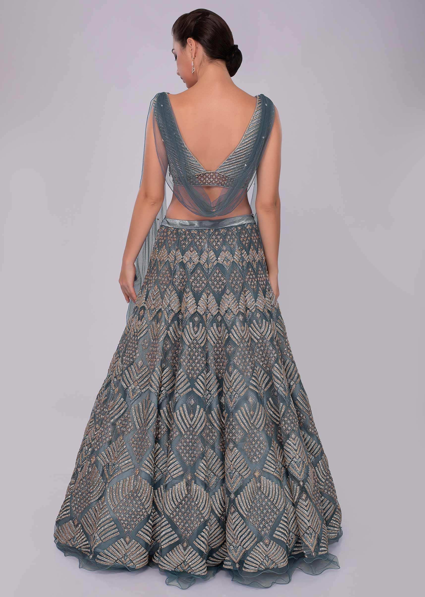 Iris Blue Net Lehenga And Blouse With Attached Net Drape With Side Slits 