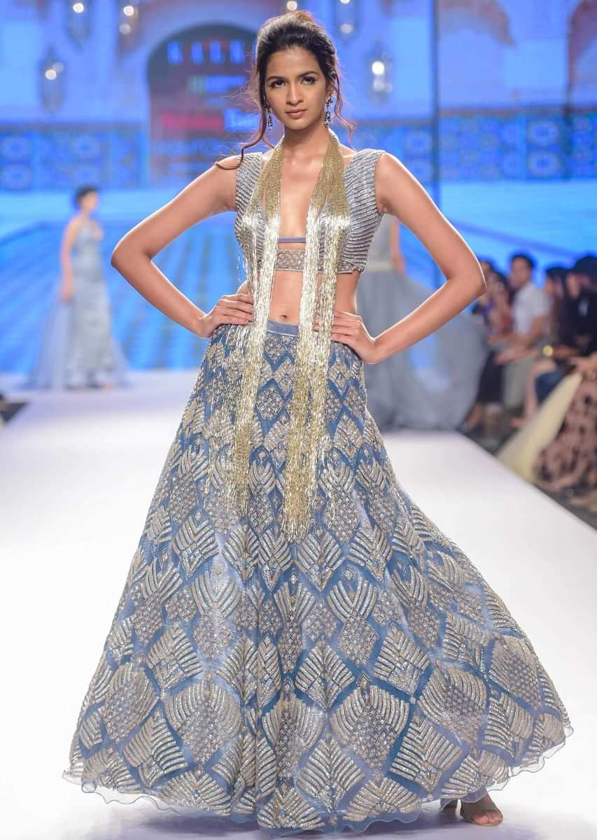 Iris Blue Net Lehenga And Blouse With Attached Net Drape With Side Slits 
