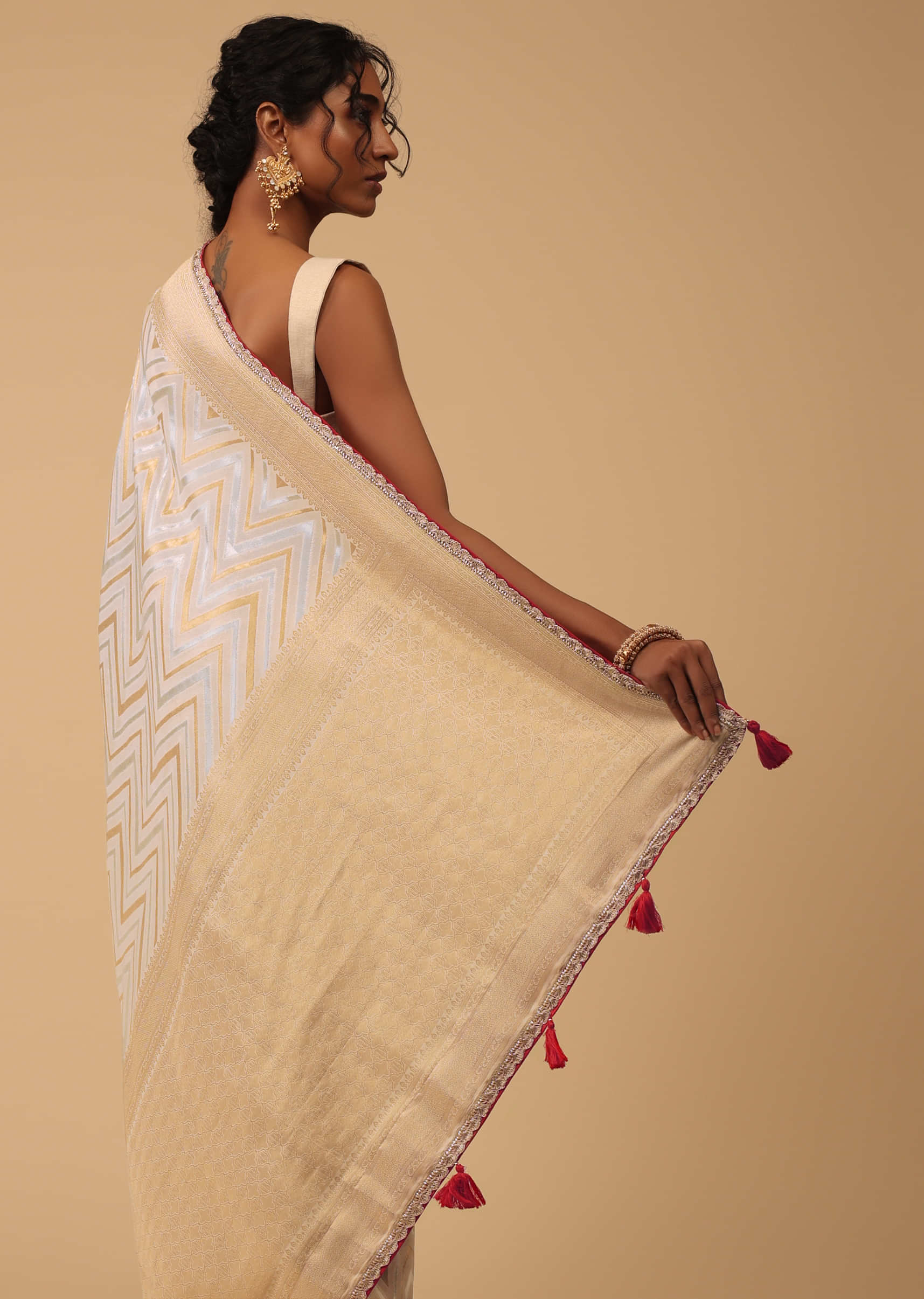 Ivory-White Saree In Tissue With Gold Zari Weave