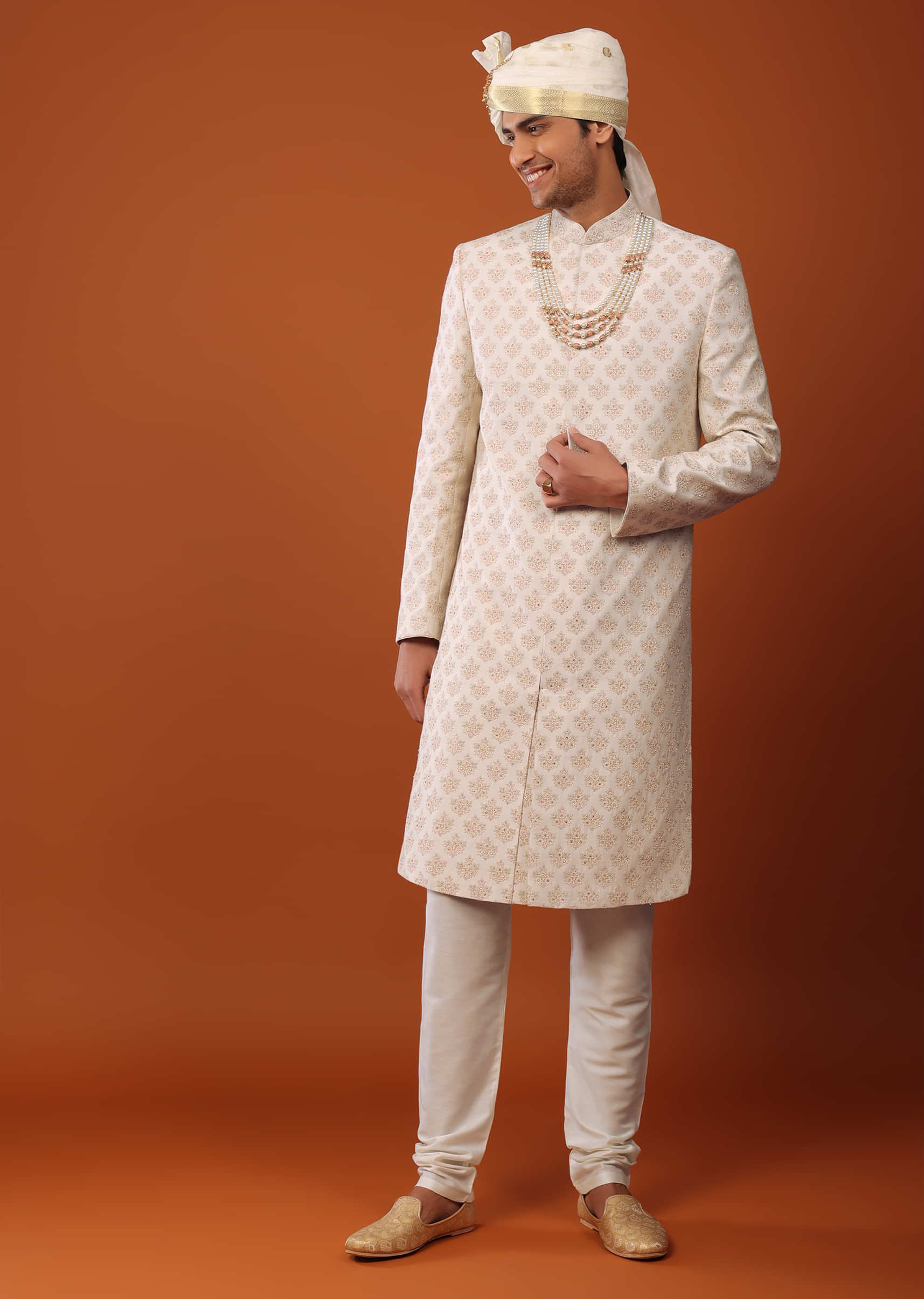 Ivory-White Sherwani Set in Silk With Sequins Embroidery