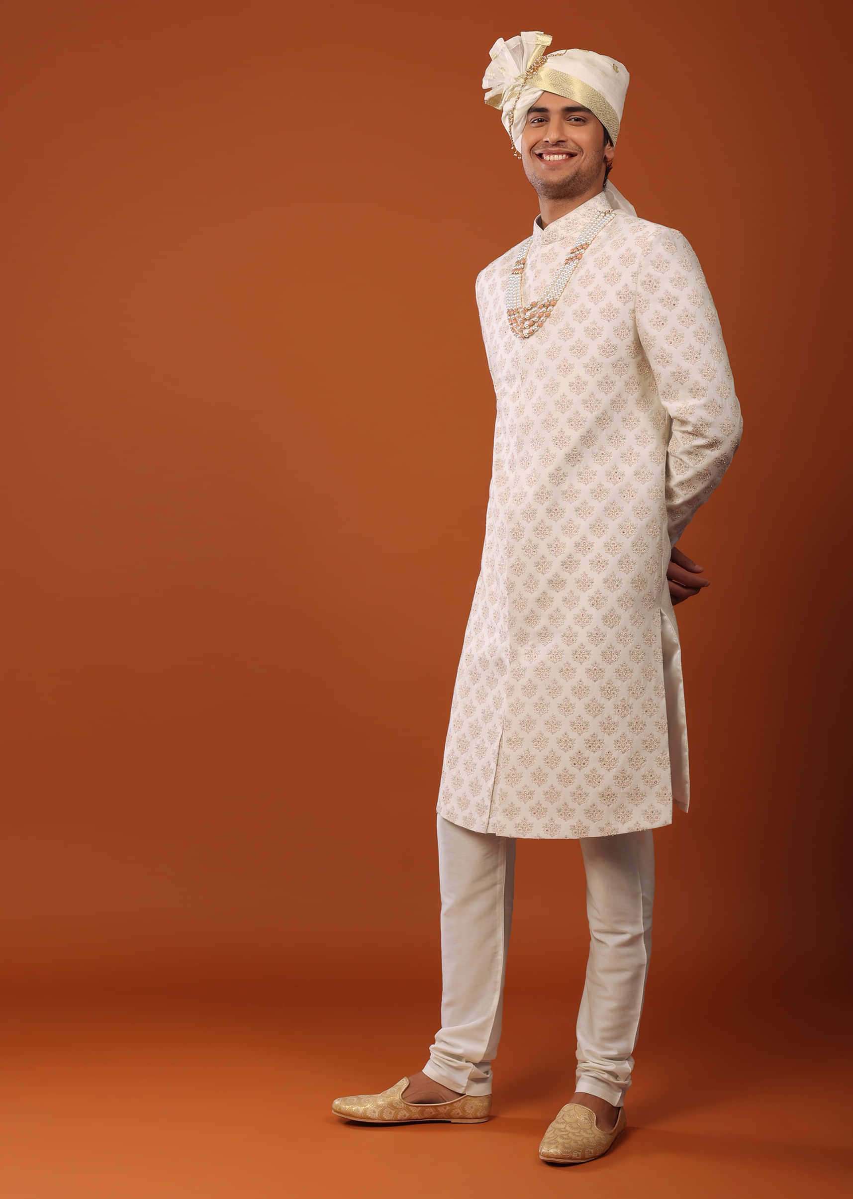 Ivory-White Sherwani Set in Silk With Sequins Embroidery