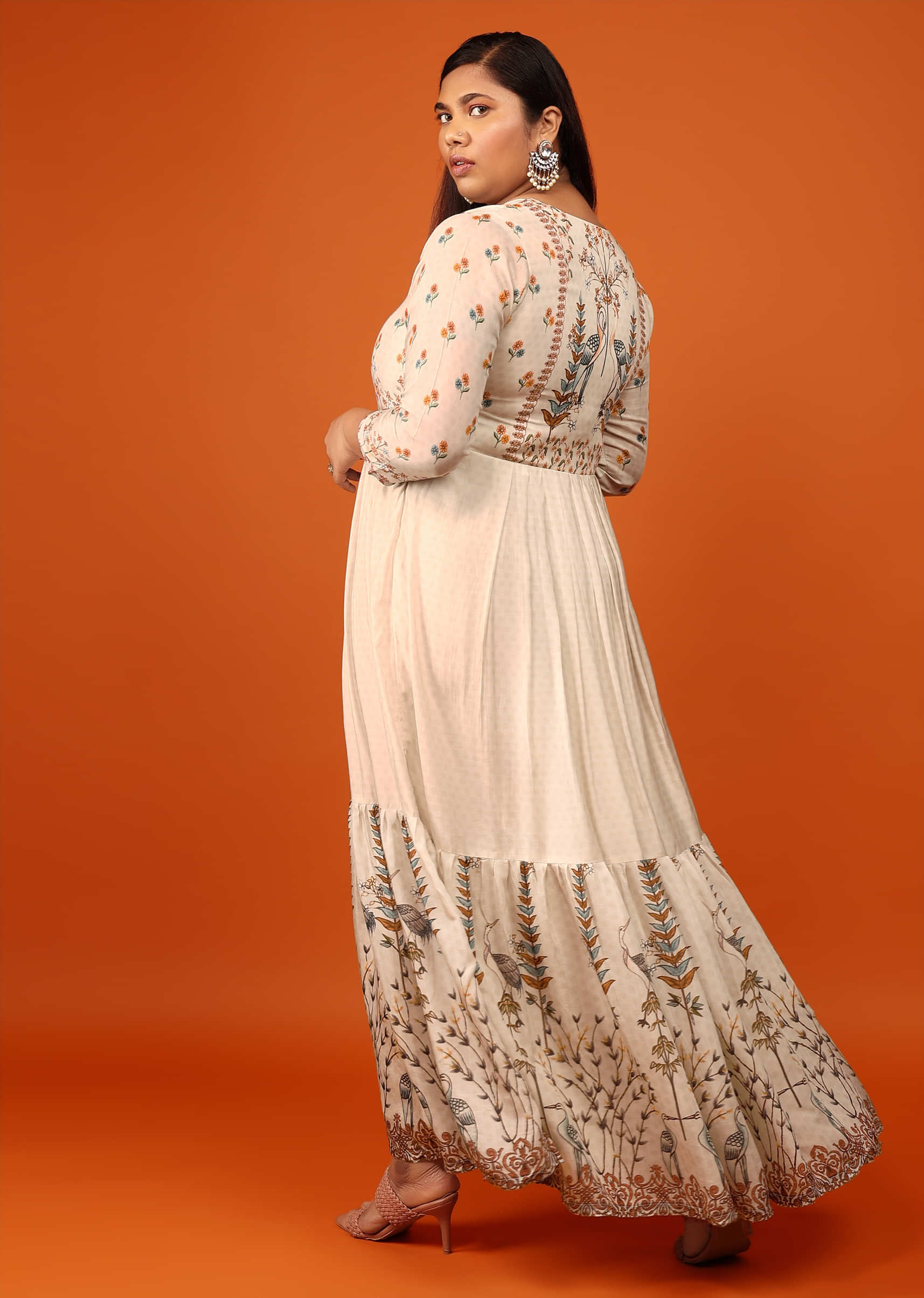 Ivory White Cotton Silk Tunic Printed With Floral And Bird Motifs