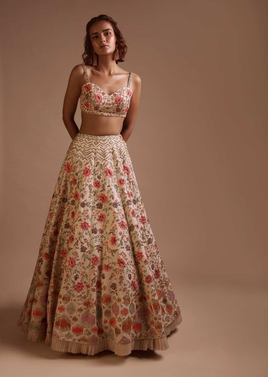 Ivory Lehenga Choli In Raw Silk With Colorful Resham Spring Blooms And Geometric Motifs 