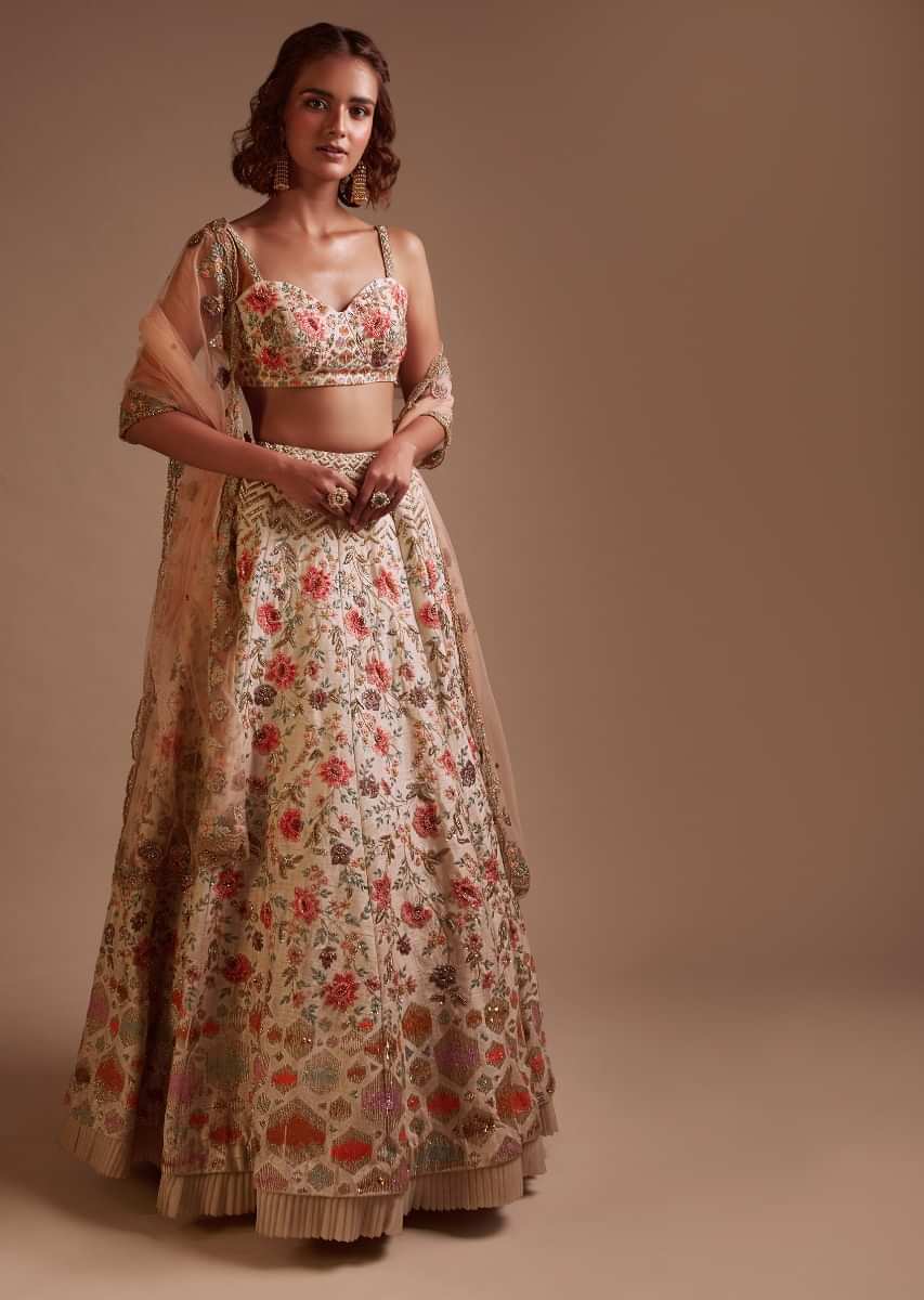 Ivory Lehenga Choli In Raw Silk With Colorful Resham Spring Blooms And Geometric Motifs 