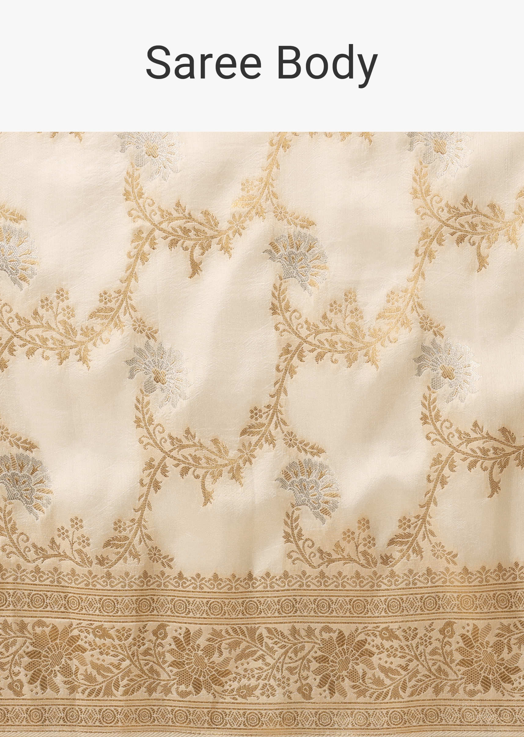 Ivory White Dola Silk Saree With Silver And Gold Jaal Embroidery In Floral Pattern