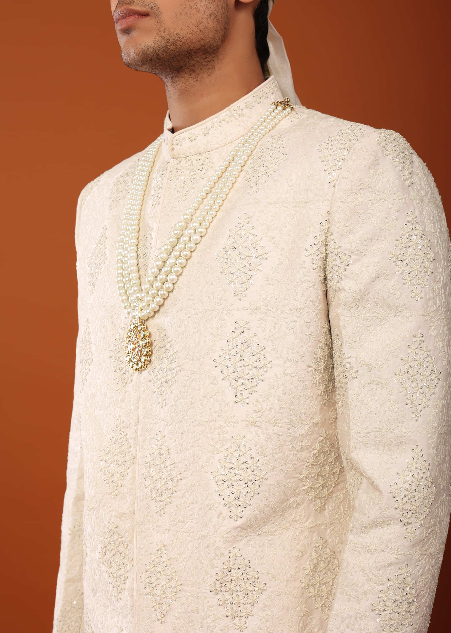 Ivory White Sherwani Set In Silk With Cut Dana Embroidery