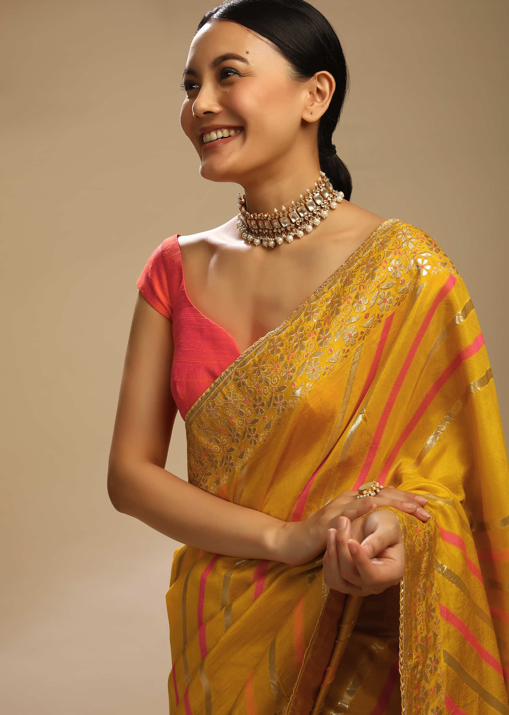 Mustard Saree In Dola Silk With Multi Colored Woven Diagonal Stripes And Floral Border