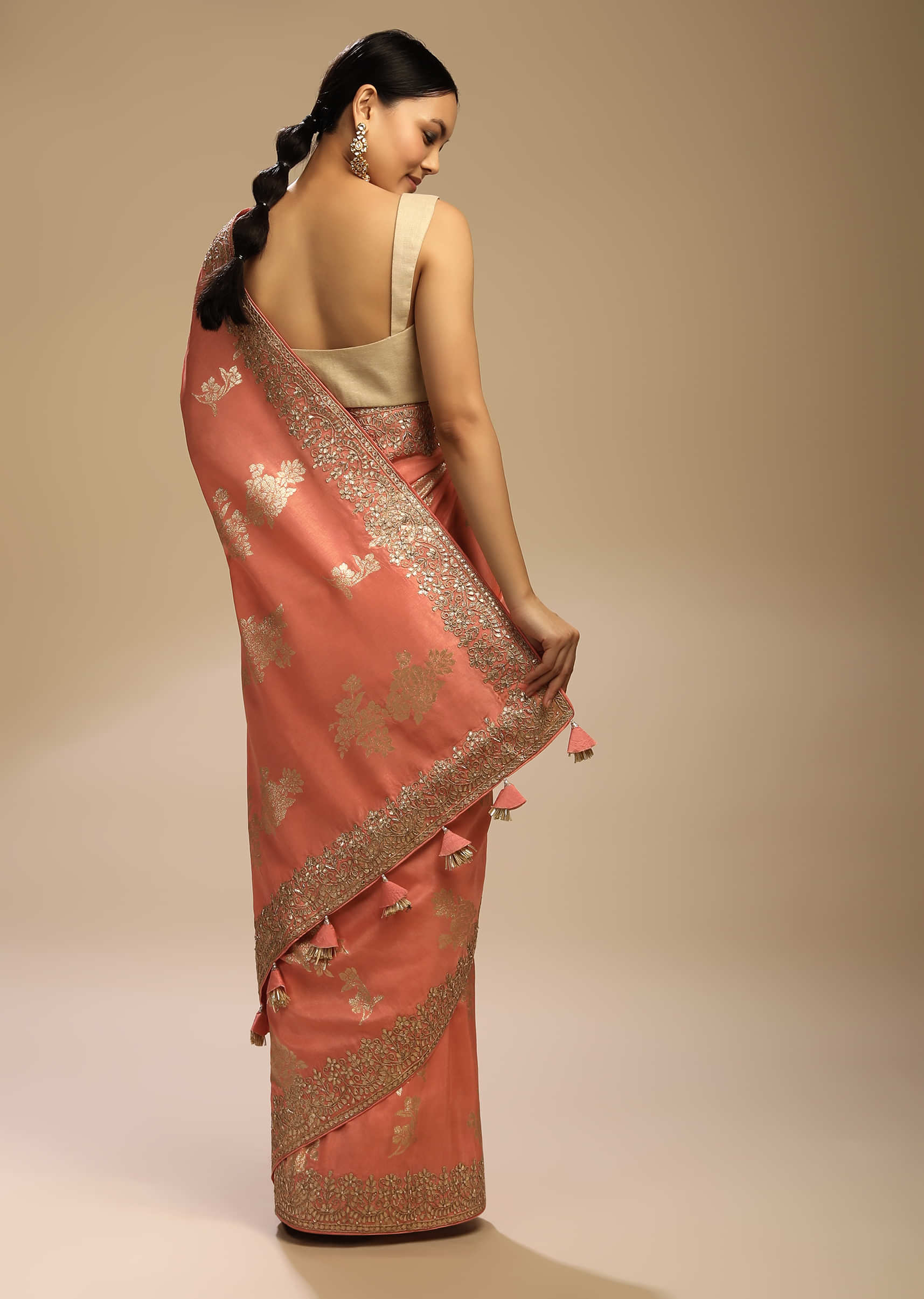Peach Amber Saree In Dupion Silk With Woven Floral Motifs And Gotta Embroidered Floral Border