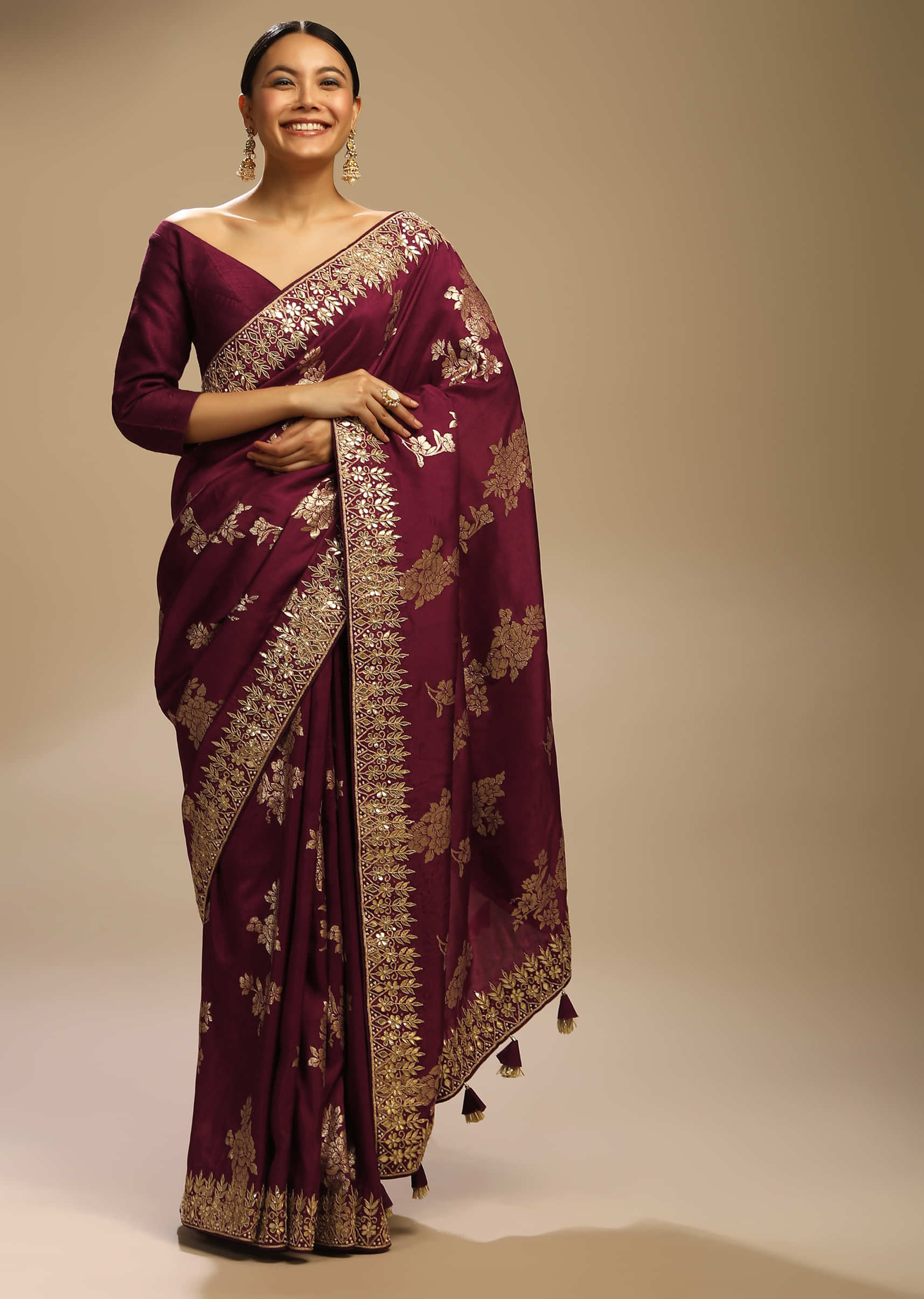 Wine Saree In Dupion Silk With Woven Floral Motifs And Gotta Embroidered Floral Border