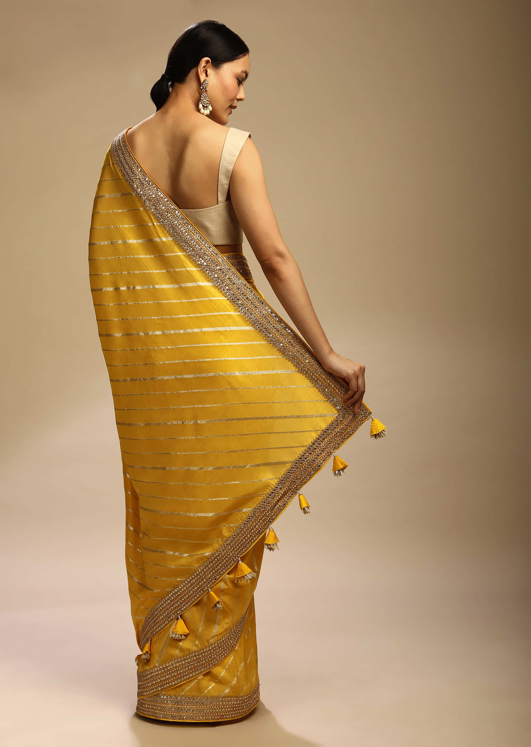 Dandelion Yellow Saree In Dupion Silk With Woven Diagonal Stripes And Gotta Embroidered Border
