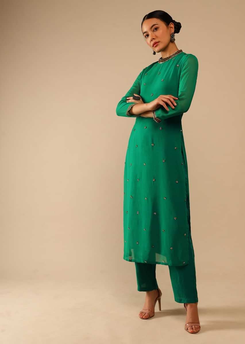 Jade Green Straight Cut Suit In Georgette With Sequin Embellished Buttis  