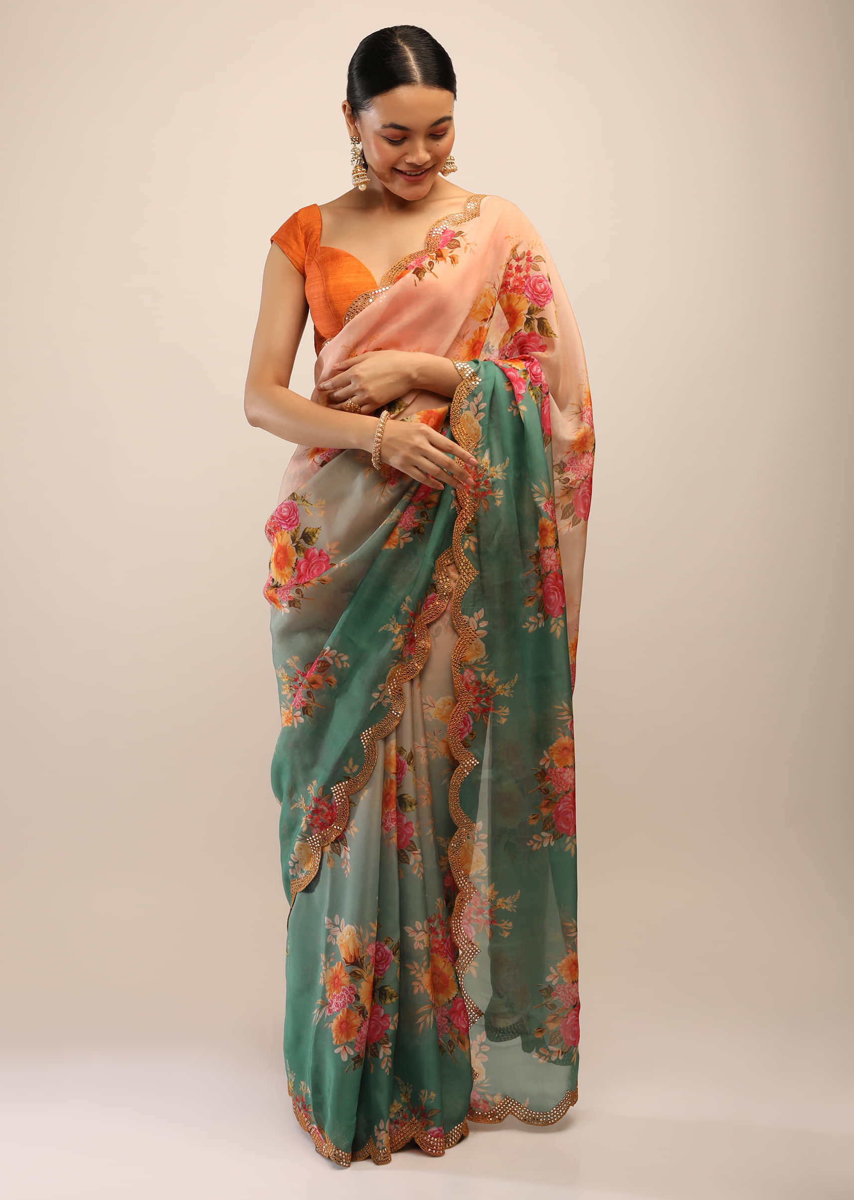 Jade Green And Peach Ombre Saree In Organza With Multi Colored Floral Print And Mirror Embellished Border