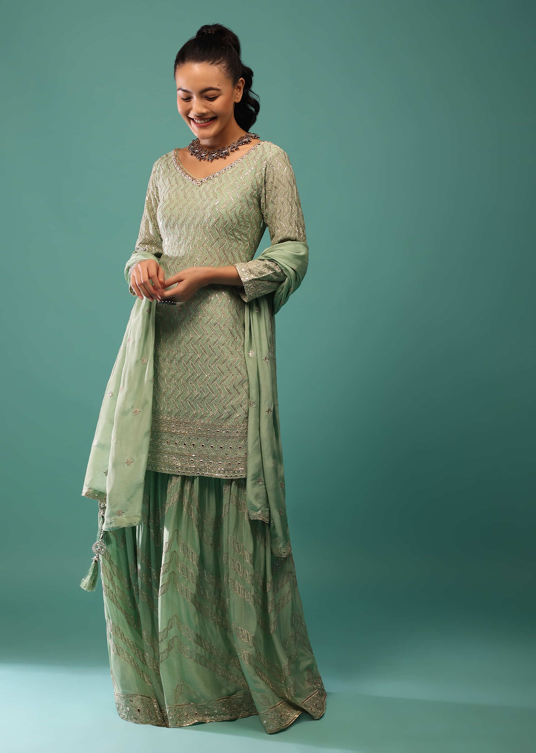 Jade Green Sharara Set With Sequins And Jaal Work