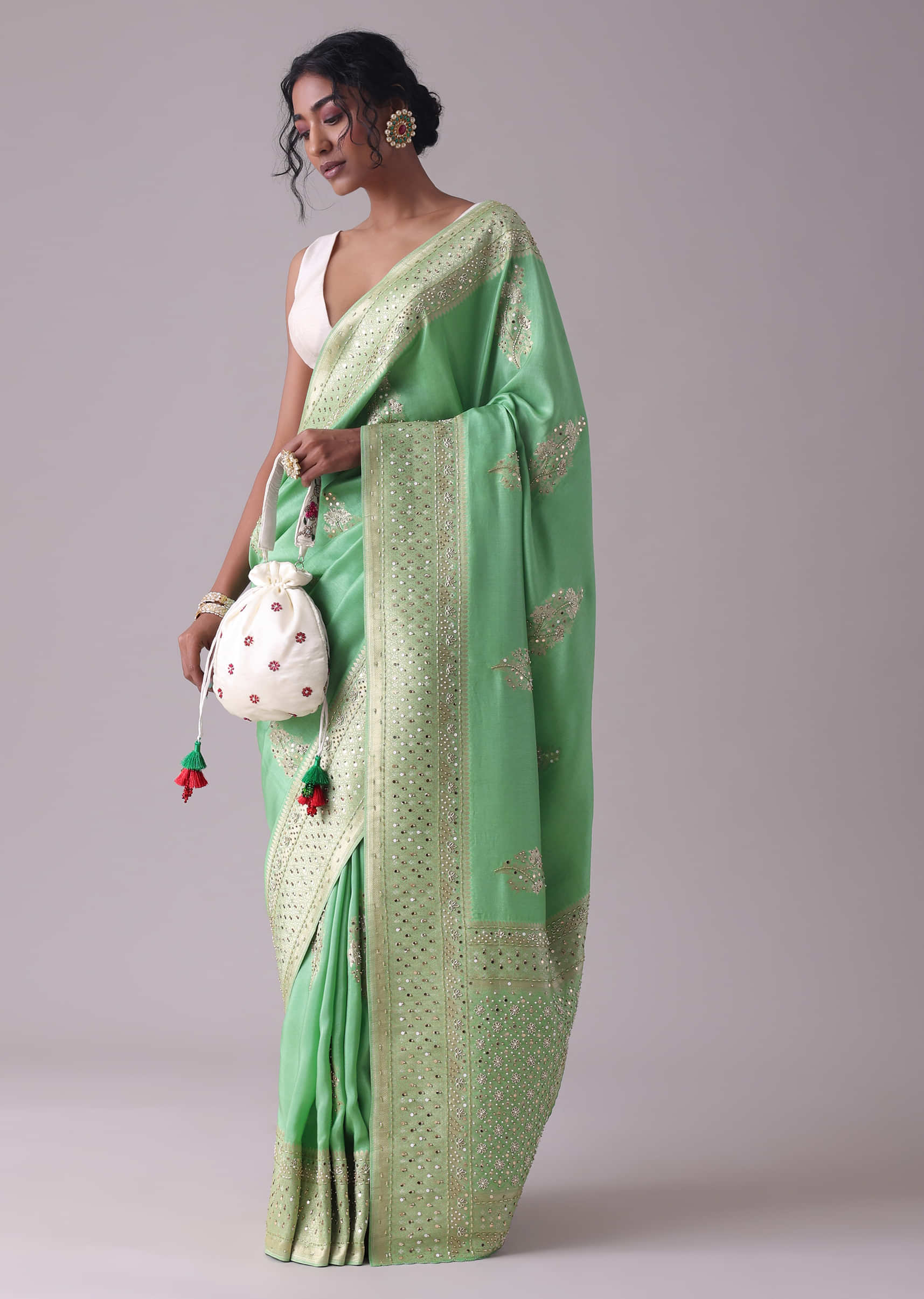 Jadesheen Green Embroidered Saree In Khadi Silk