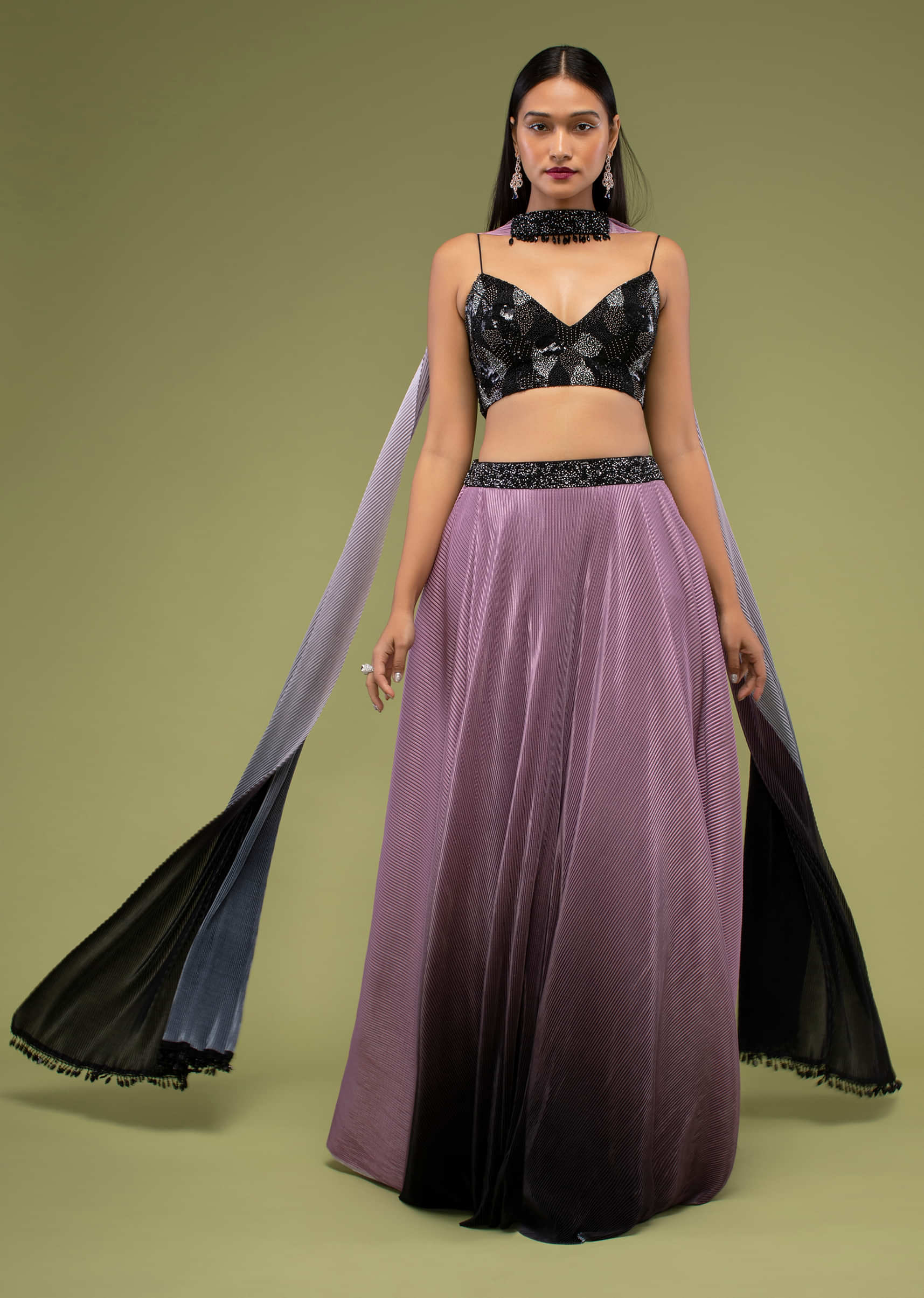 Java Plum Ombre Lehenga And Crop Top Set In Black Sequins Embroidery, Crop Top Comes N Spaghetti Straps With Multi-Color Cut Dana Embroidery
