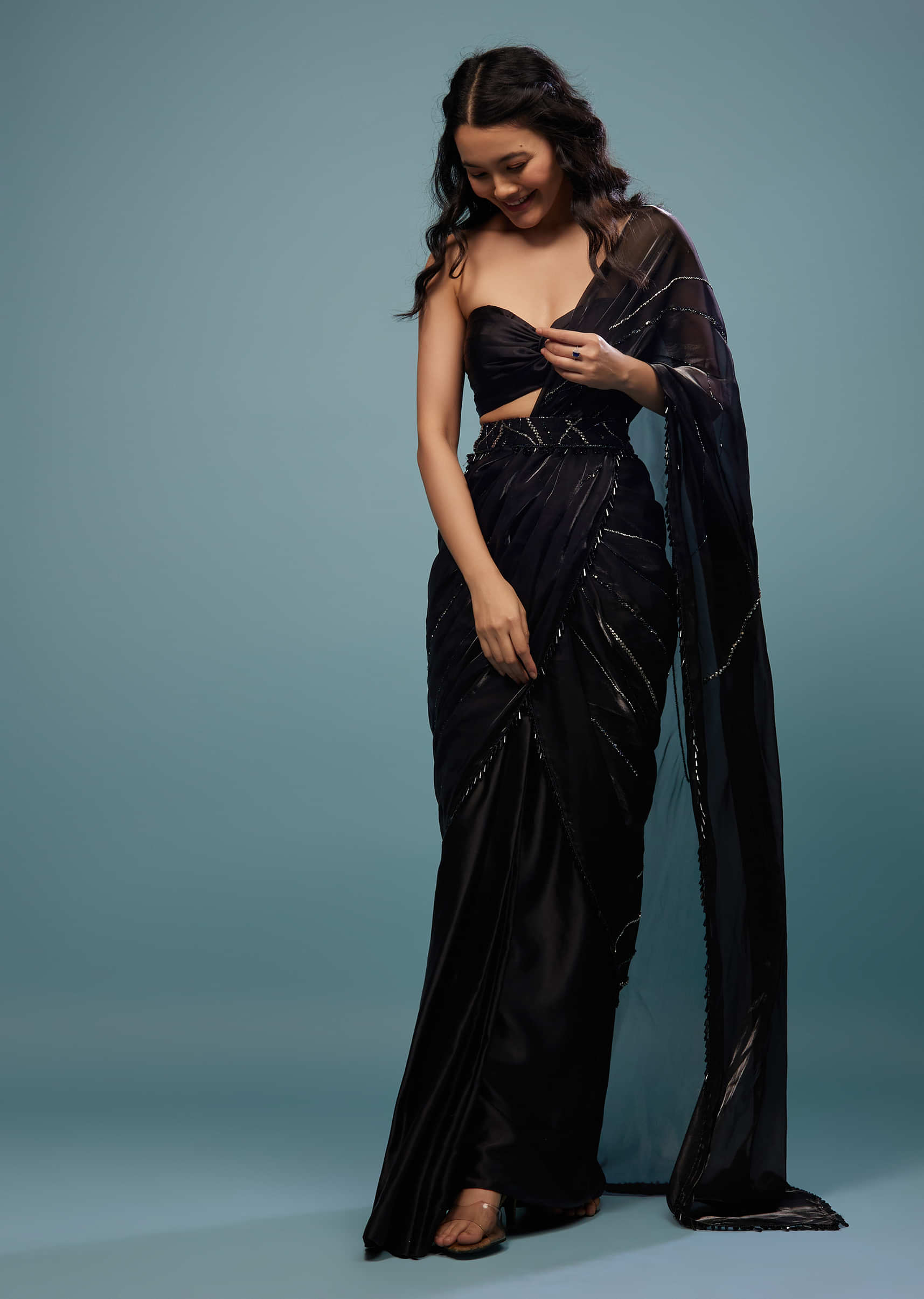 Jet Black Embroidered Ready-Pleated Organza Saree