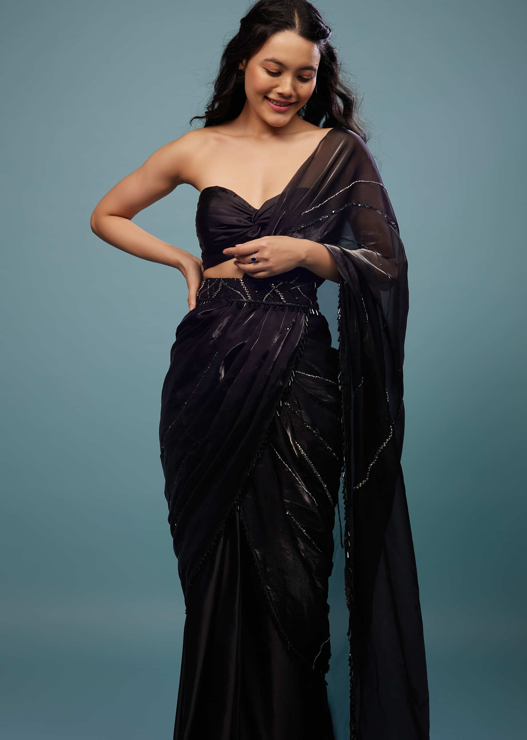 Jet Black Embroidered Ready-Pleated Organza Saree