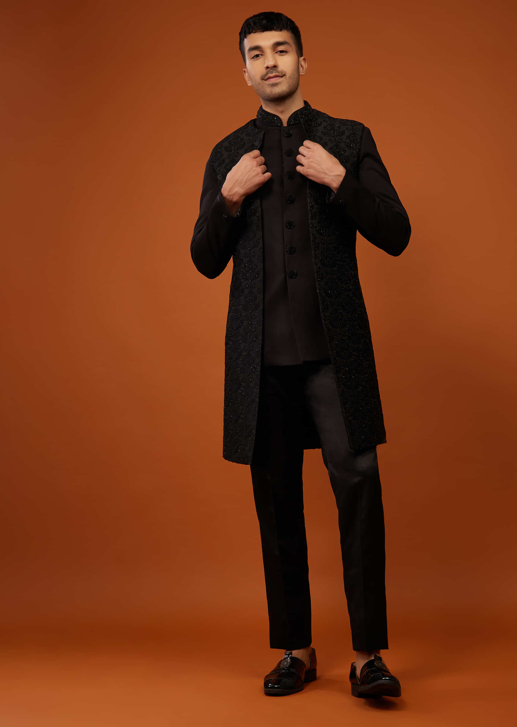 Jet Black Sherwani Set Embroidered In Imported Suiting Fabric