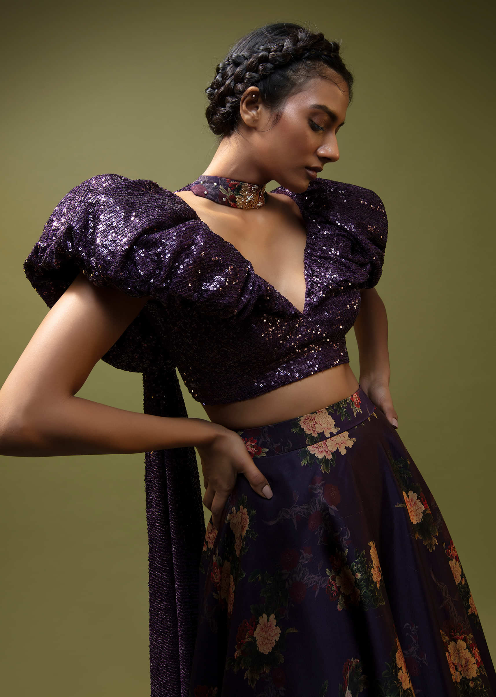 Jewel Purple Lehenga In Floral Printed Satin With A Sequins Crop Top Designed With An Elaborate Puff On The Shoulder And Neckline 