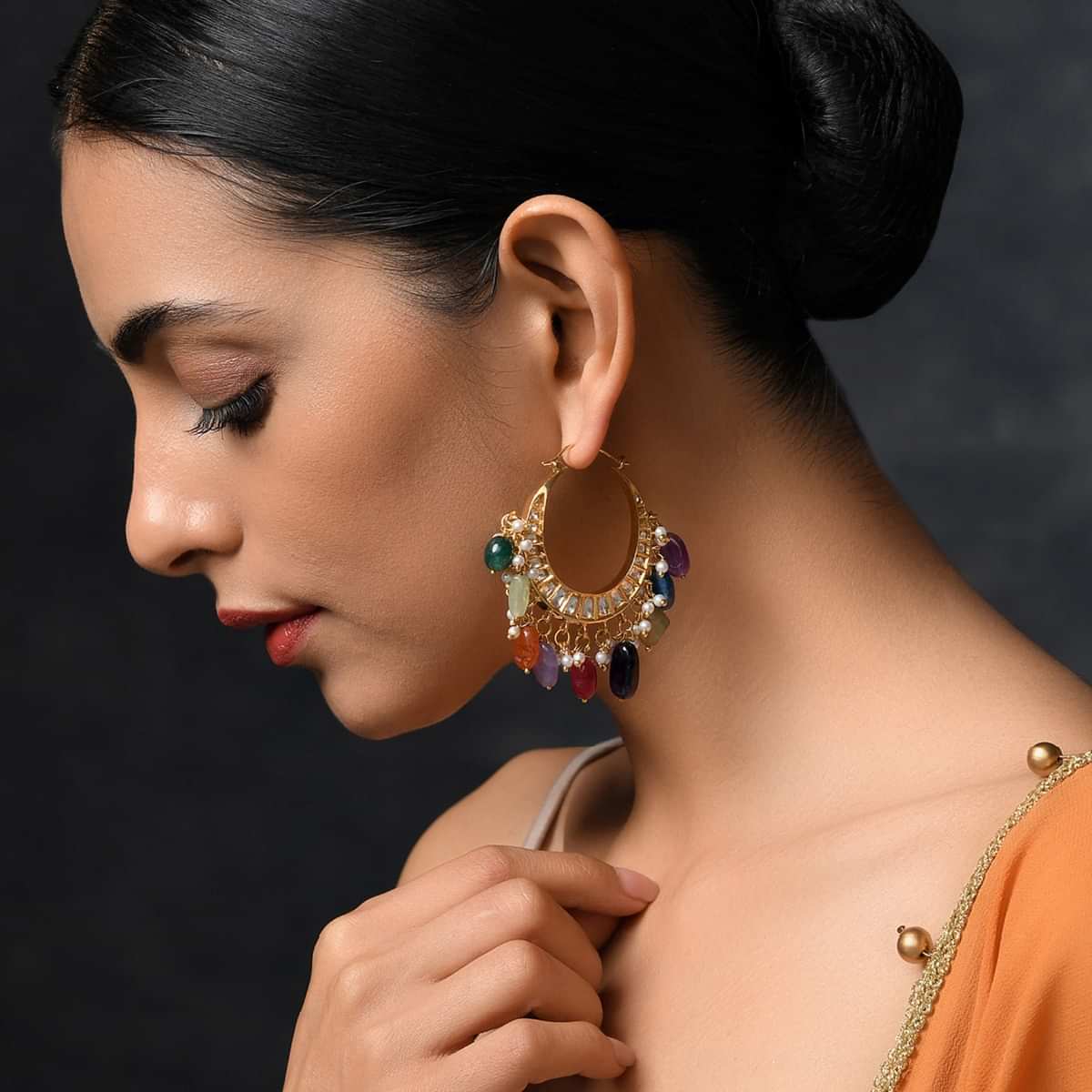 Gold Plated Chandbali Earrings With Kundan And Dangling Multicolored Stones By Paisley Pop