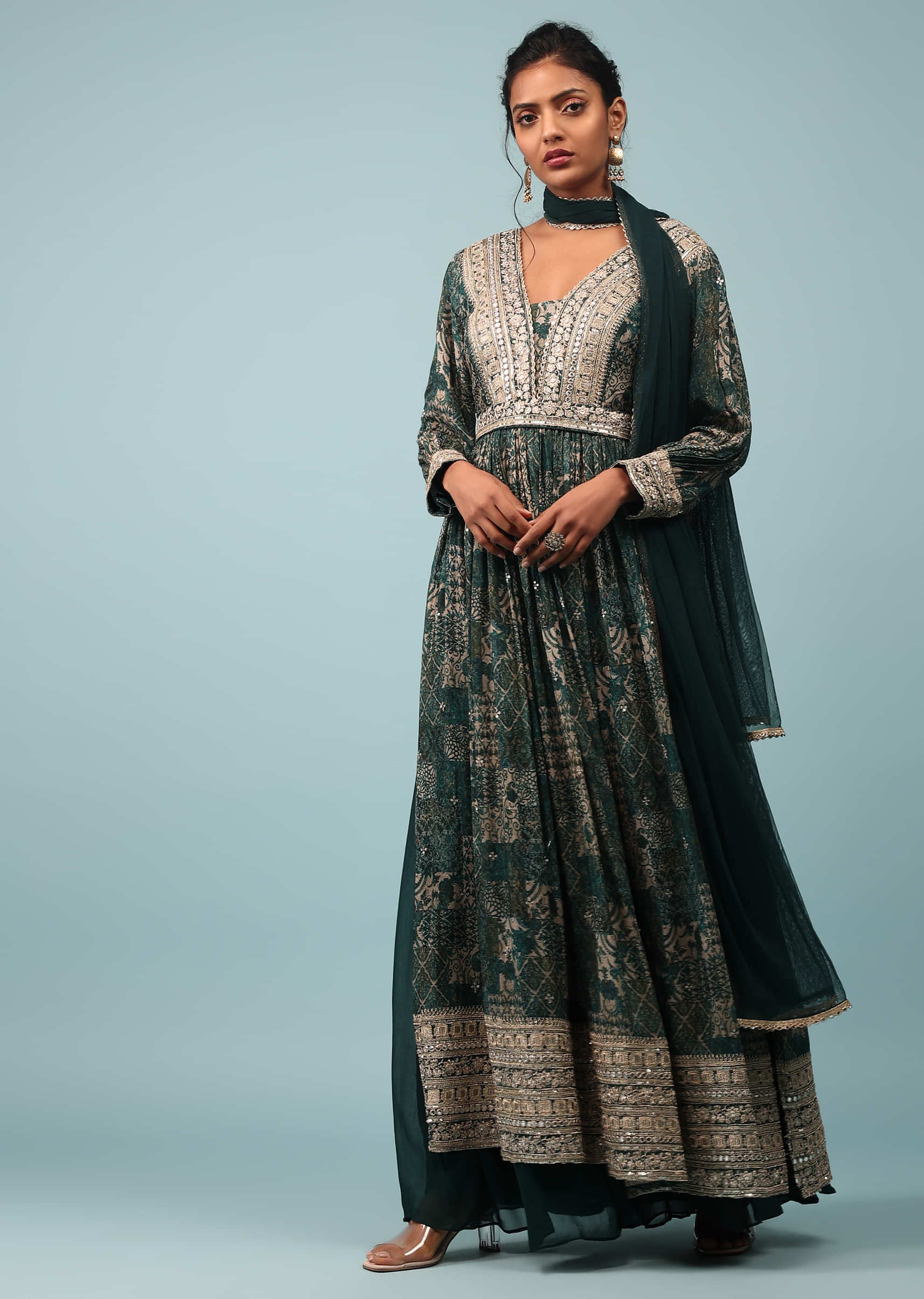 June Bug Green Chinon Palazzo Suit With Embroidery