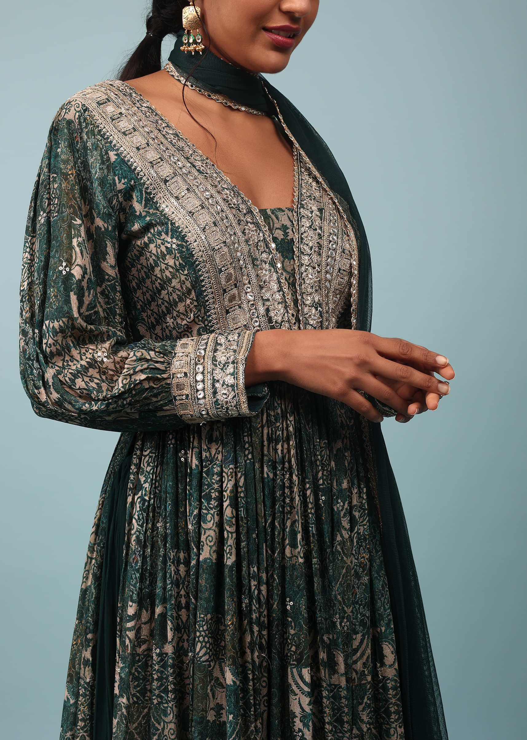 June Bug Green Chinon Palazzo Suit With Embroidery