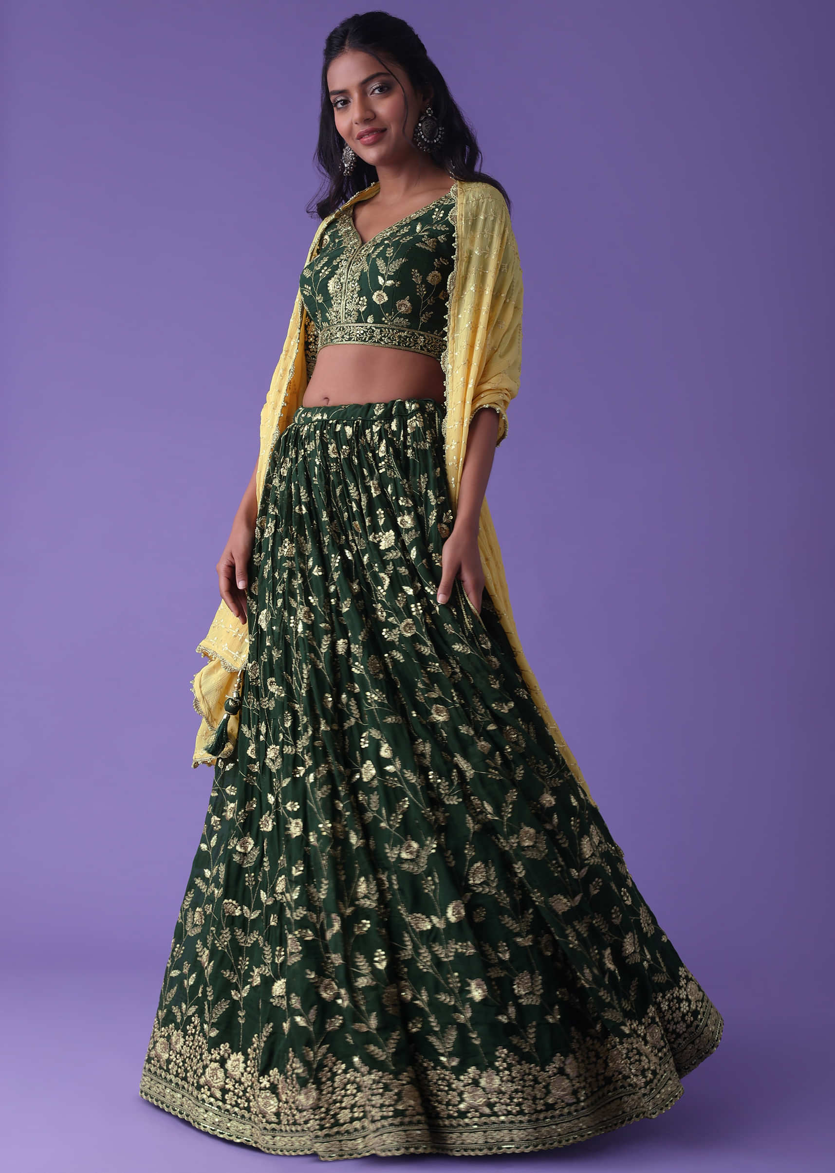 June Bug Green Georgette Lehenga With Zari And Sequins Embroidery