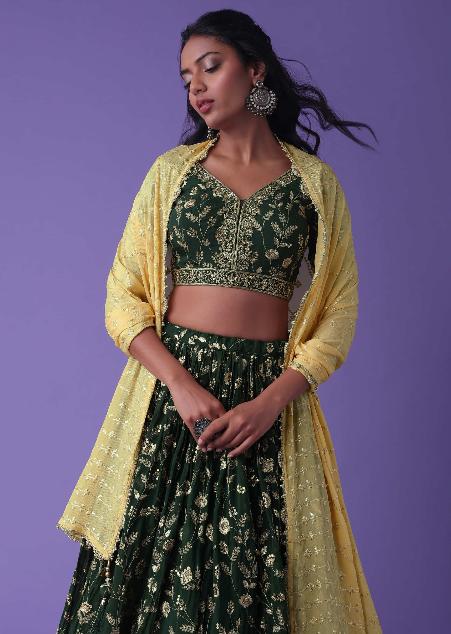 June Bug Green Georgette Lehenga With Zari And Sequins Embroidery
