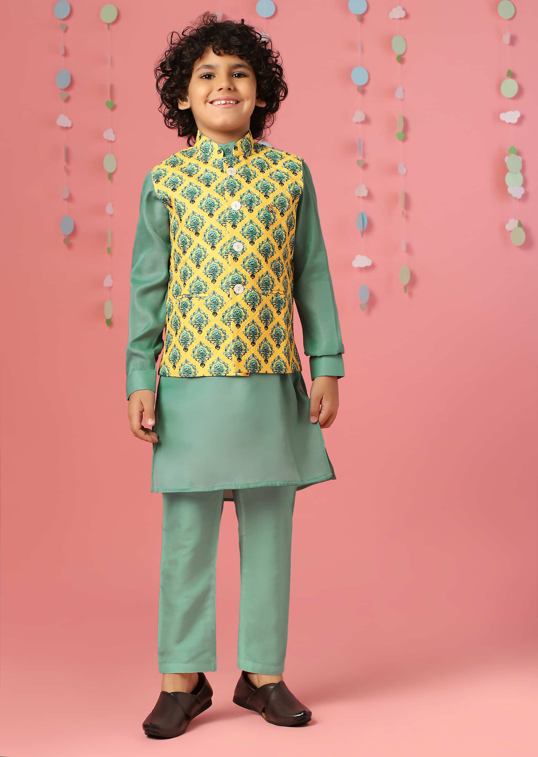 Kalki Agate Green Kurta Set In Silk With Lemon Chrome Yellow Bandi Jacket For Boys
