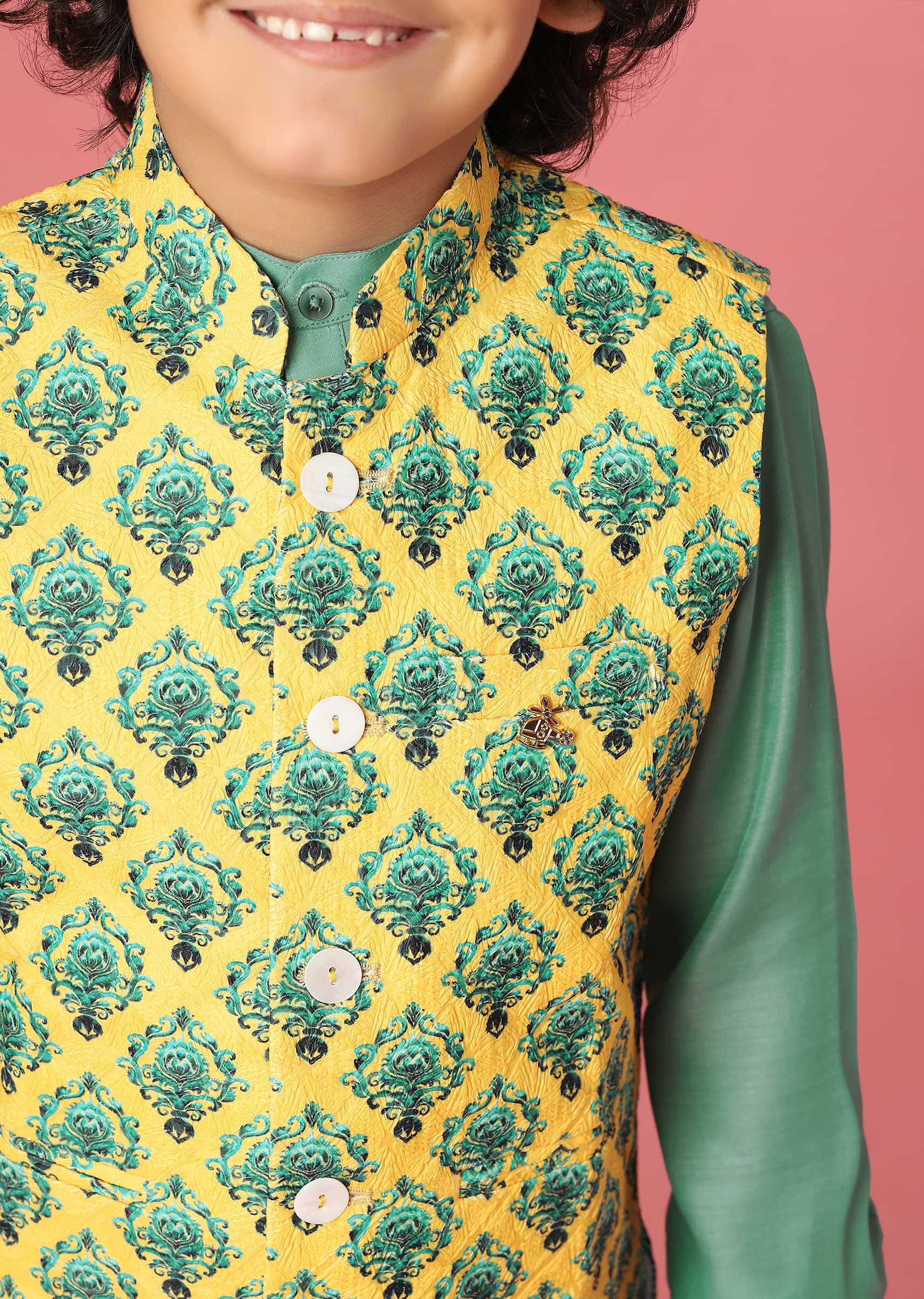 Kalki Agate Green Kurta Set In Silk With Lemon Chrome Yellow Bandi Jacket For Boys