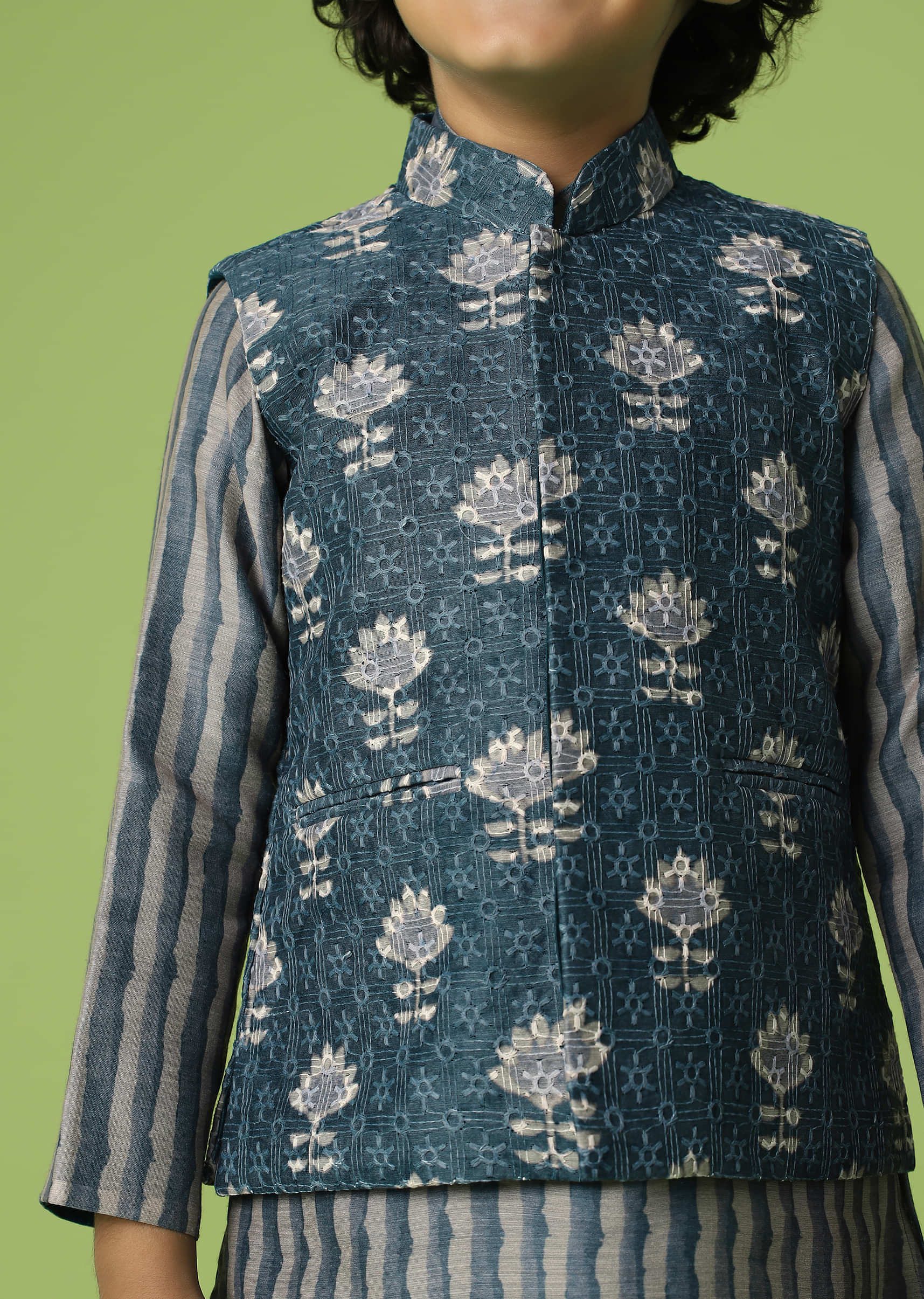Kalki Airforce Blue Boys Jacket Kurta Set In Silk With Printed Motifs And Threadwork