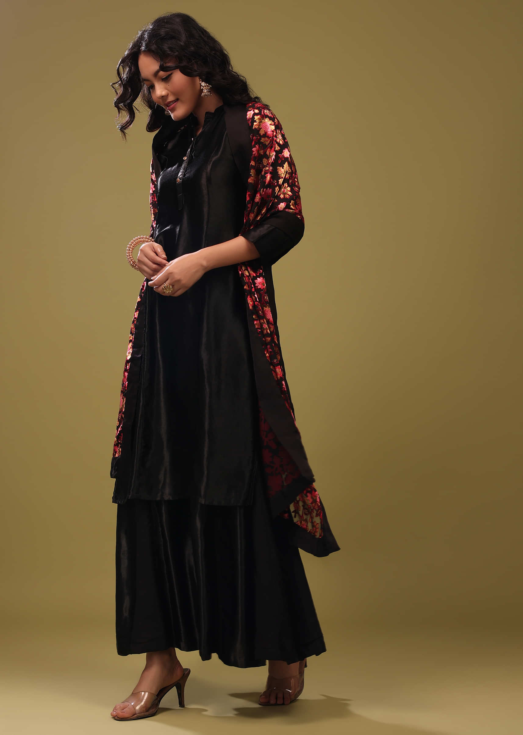 Black Palazzo Suit In Gajji Silk With A Beautiful Velvet Floral Embroidered Dupatta