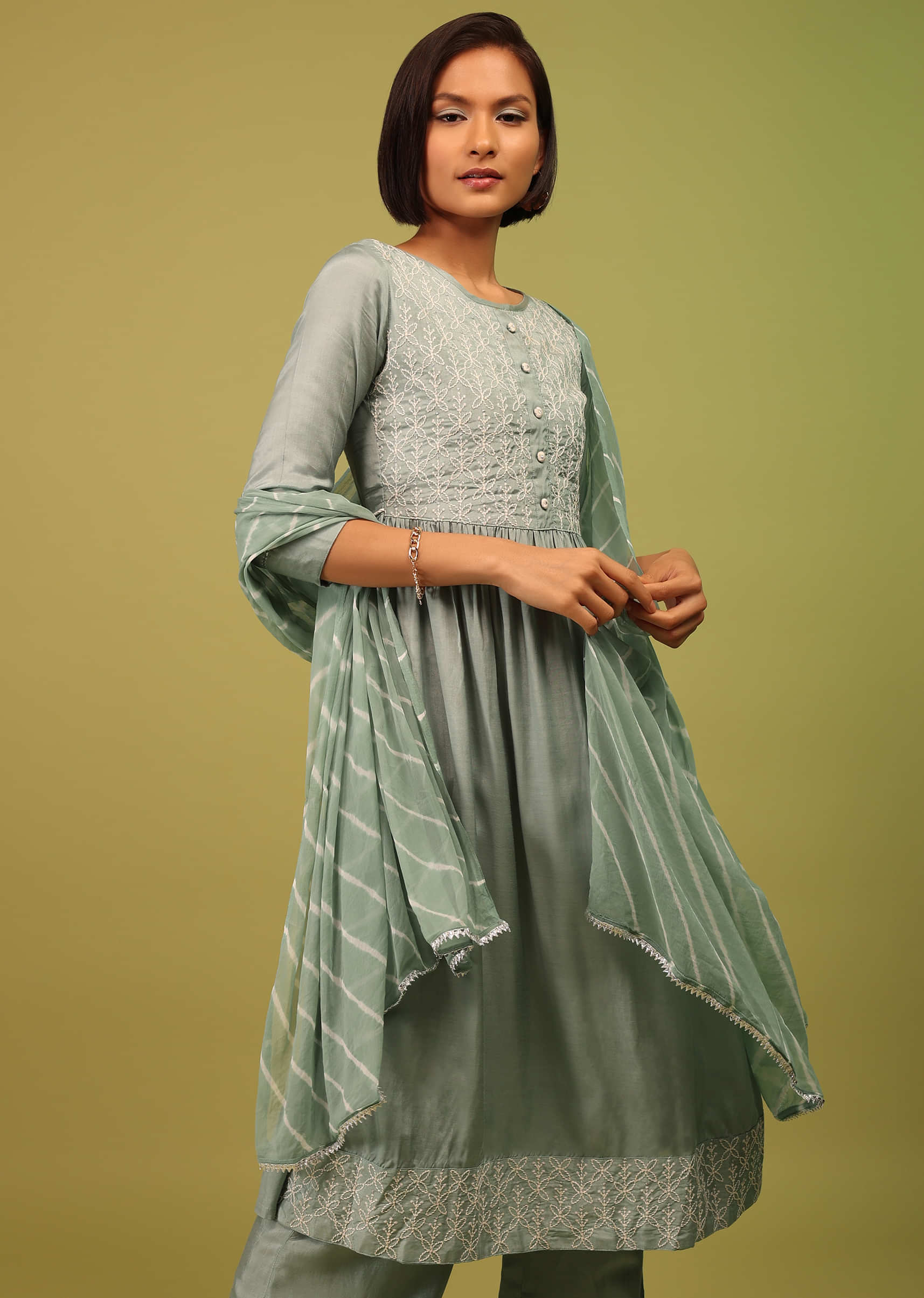 Aqua Green Palazzo Suit Set In Russian Crepe With Floral Embroidery