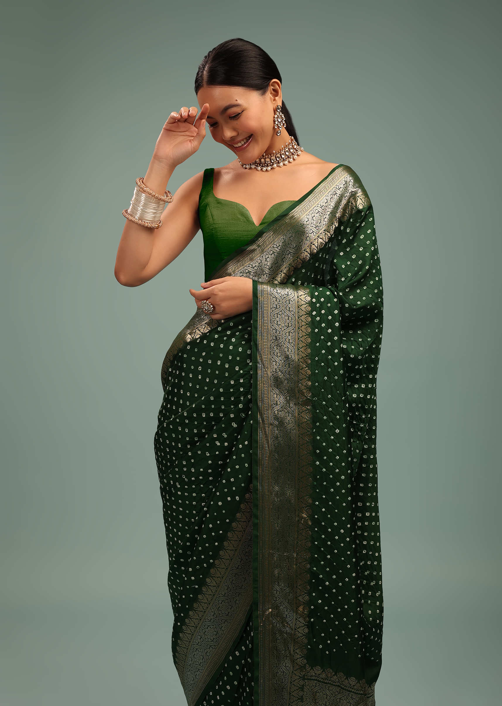 Deep Green Saree In Silk With Bandhani Print And Handwoven Brocade Floral Embroidery