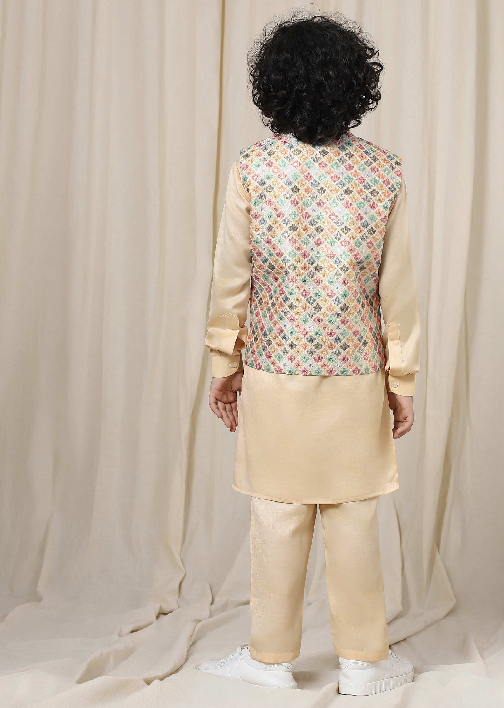Kalki Autumn Blonde Beige Kurta Set In Silk With Multicolor Bandi Jacket For Boys