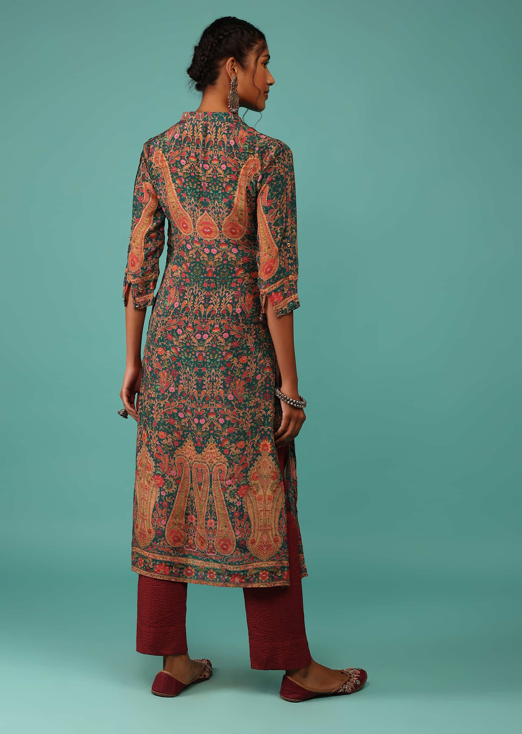 Teal Blue Kurta With Kashmiri Floral Print And Embroidery In Crepe