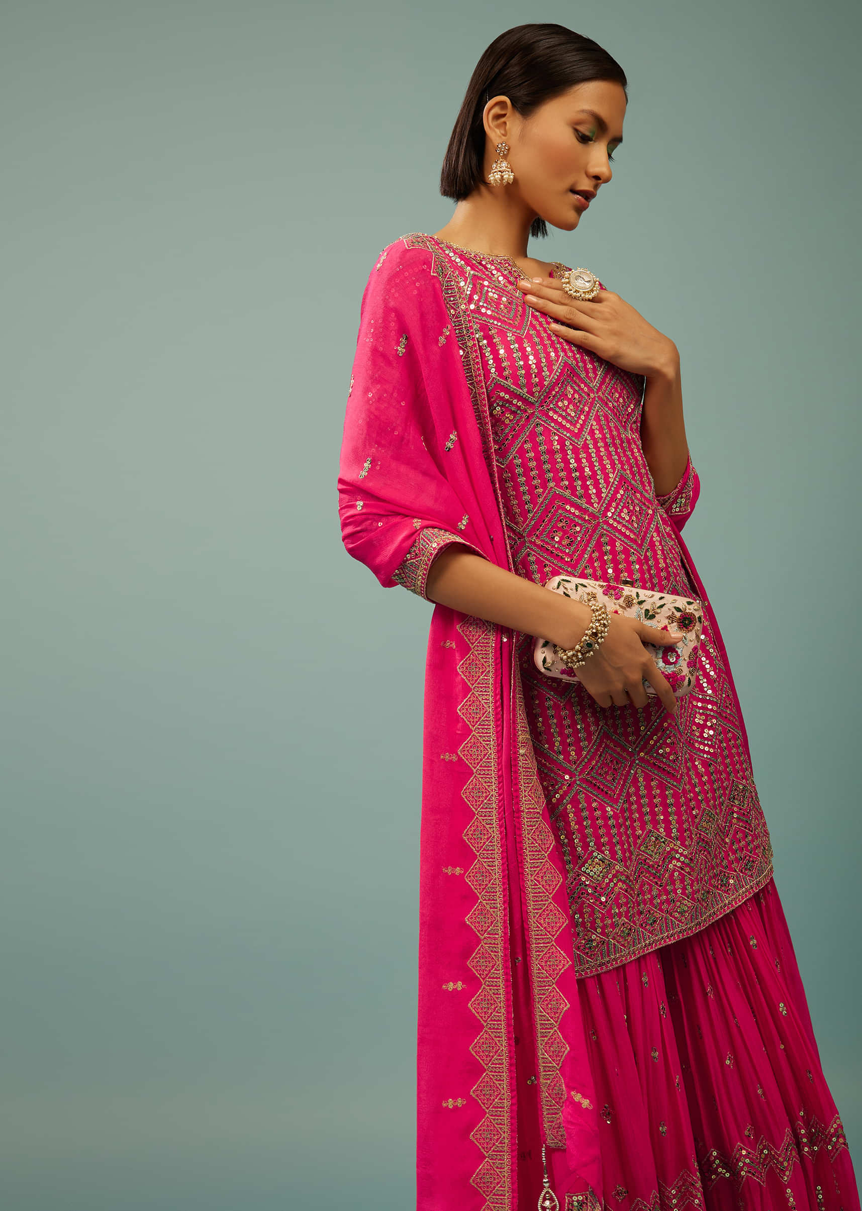 Fuschia Pink Sharara Suit In Georgette With Embroidery