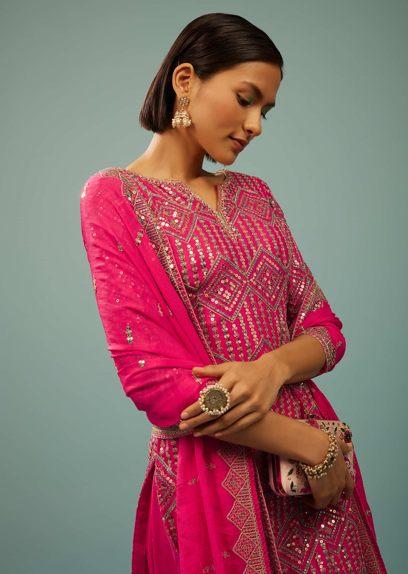 Fuschia Pink Sharara Suit In Georgette With Embroidery