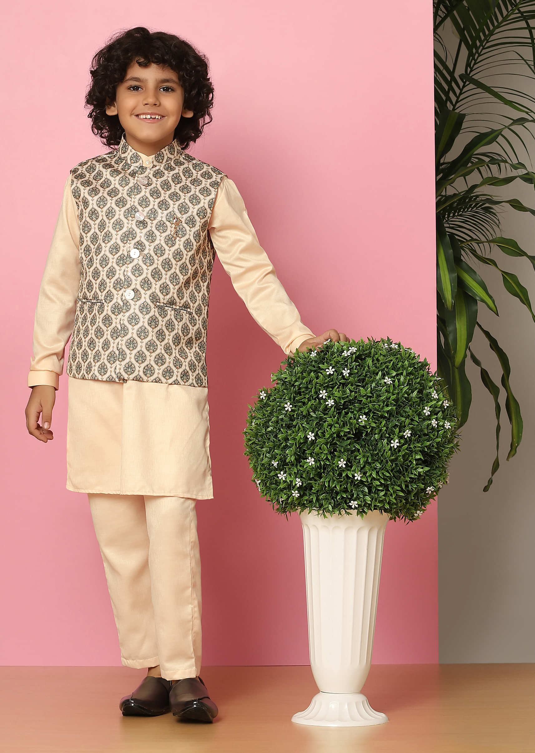Kalki Beige Bandi Jacket And Kurta Set In Silk With Print For Boys