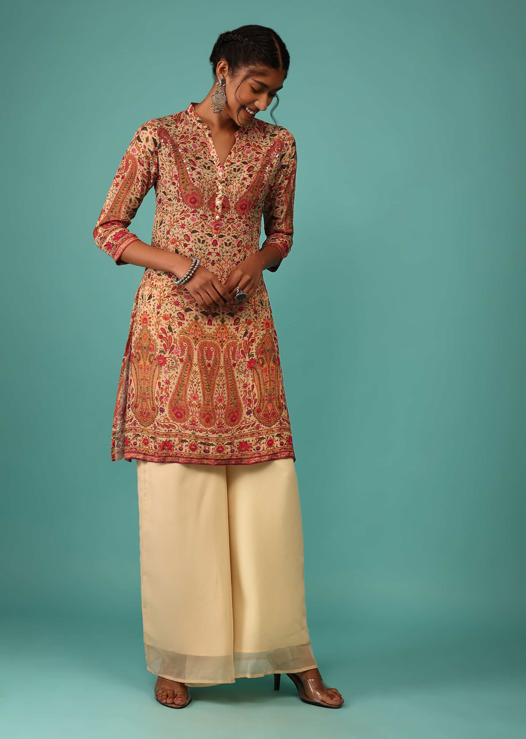 Beige Palazzo Suit Set In Crepe With Kashmiri Floral Print And Embroidery