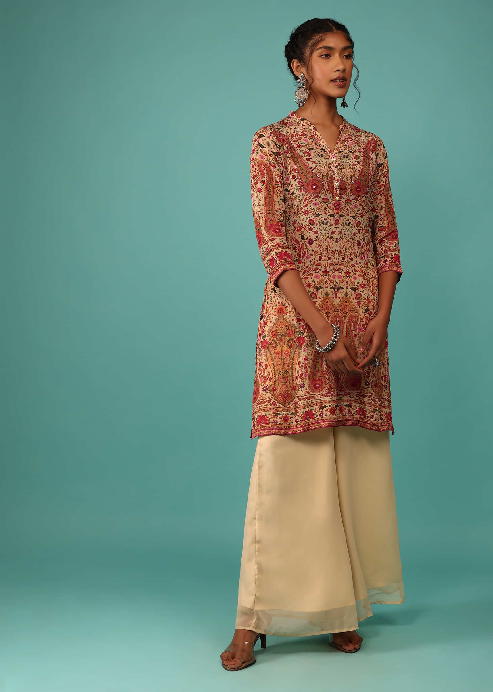 Beige Palazzo Suit Set In Crepe With Kashmiri Floral Print And Embroidery